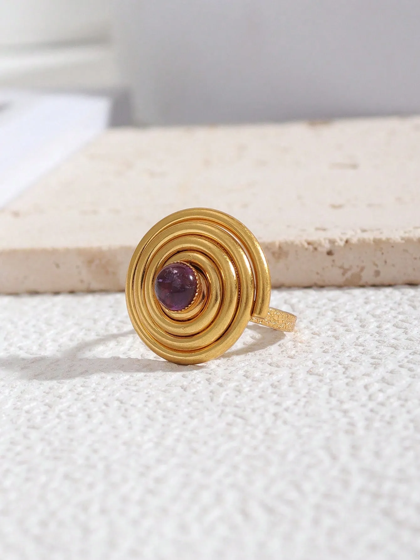 1pc Round Threaded Fashion Metallic Gold Stone Ring For Daily Wear SD