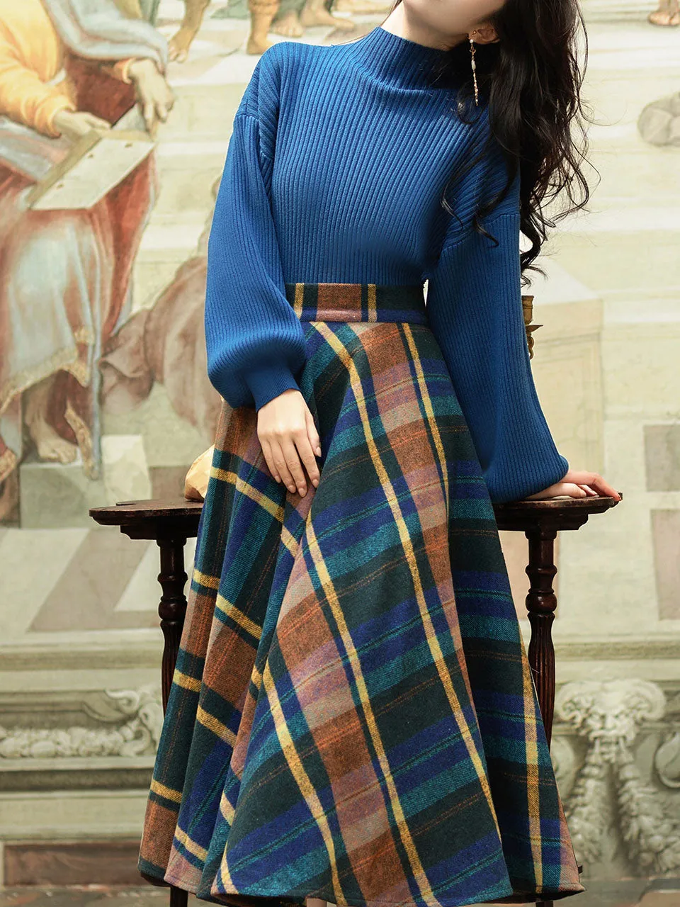 2PS Blue Sweater And Plaid Swing Skirt 1950S Vintage Audrey Hepburn's Style Outfits