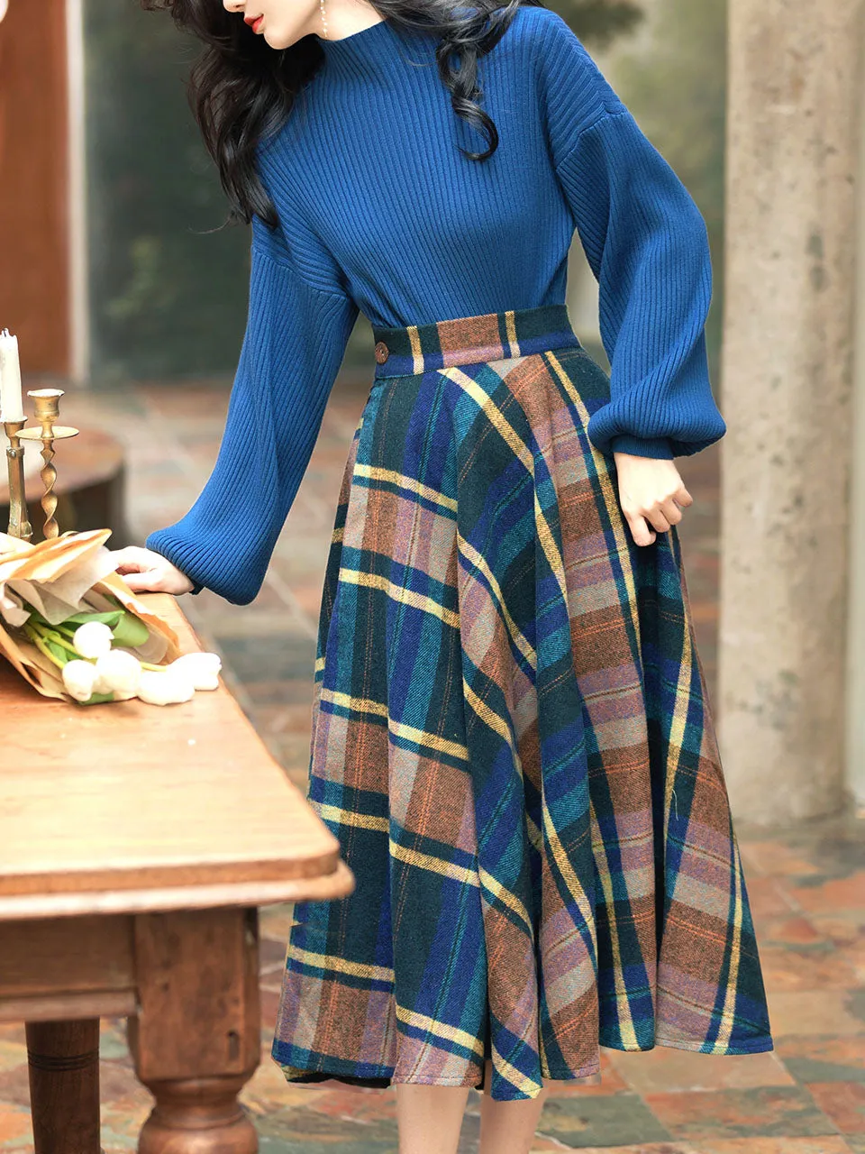 2PS Blue Sweater And Plaid Swing Skirt 1950S Vintage Audrey Hepburn's Style Outfits