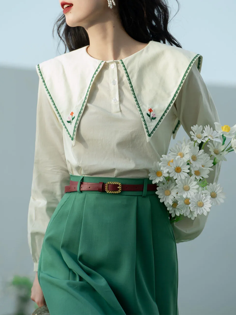 2PS Green Embroidered Overlap Collar Shirt And Swing Skirt Suit