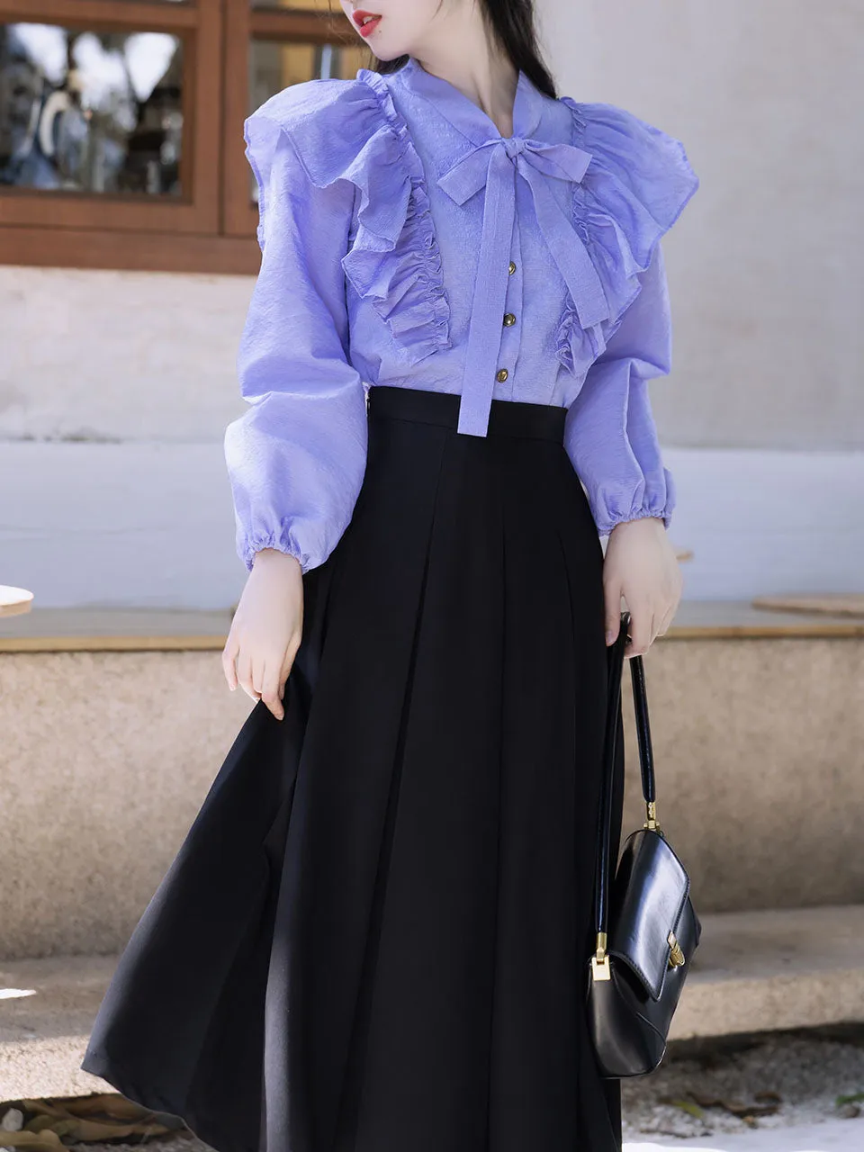 2PS Lilac Ruffle Long Sleeve Blouse And Black Swing Skirt Dresss Set