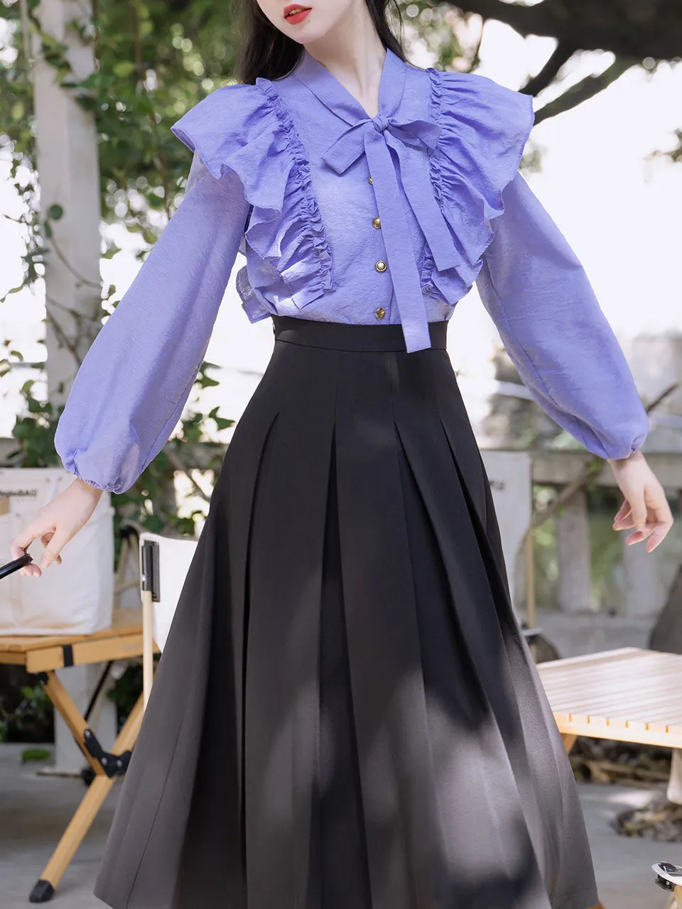 2PS Lilac Ruffle Long Sleeve Blouse And Black Swing Skirt Dresss Set