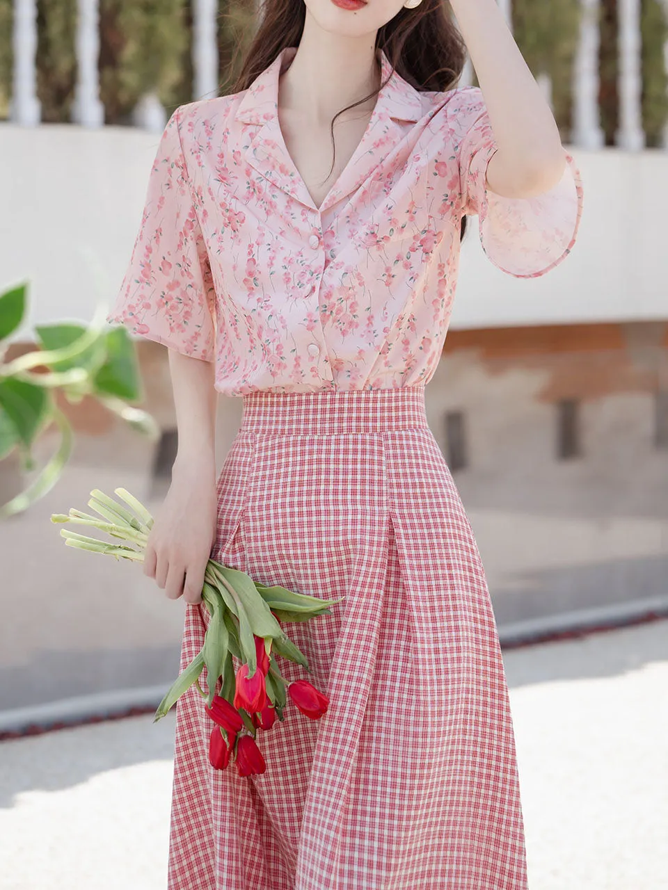 2PS Pink Floral Print Shirt And Plaid Swing Skirt Dress Set