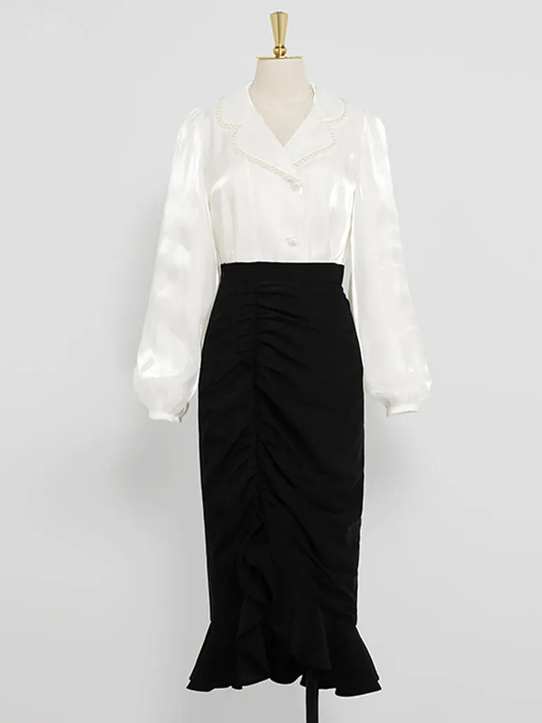 2PS White Pearl Turn Down Collar Long Sleeve Shirt With Black Ruffles Split Skrit Dress Suit