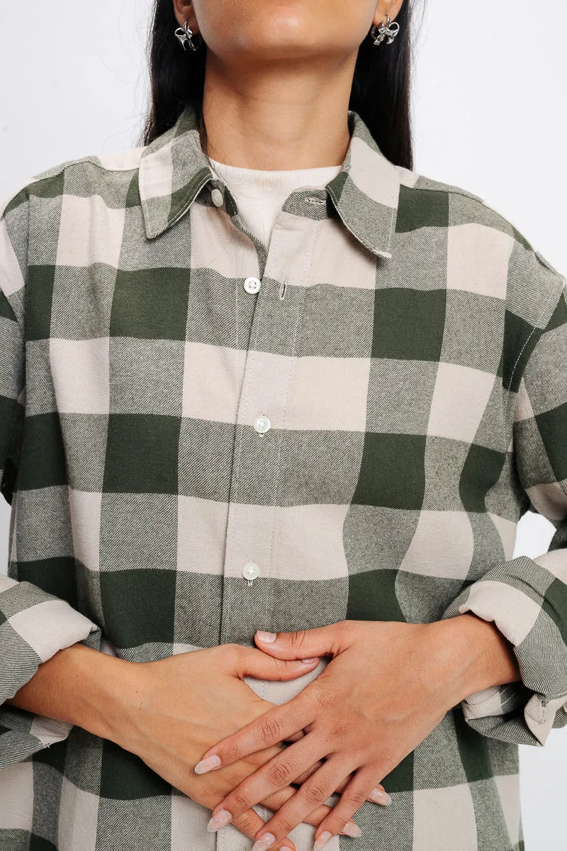 Beige Checkered Collar Viscose Blend Shirt