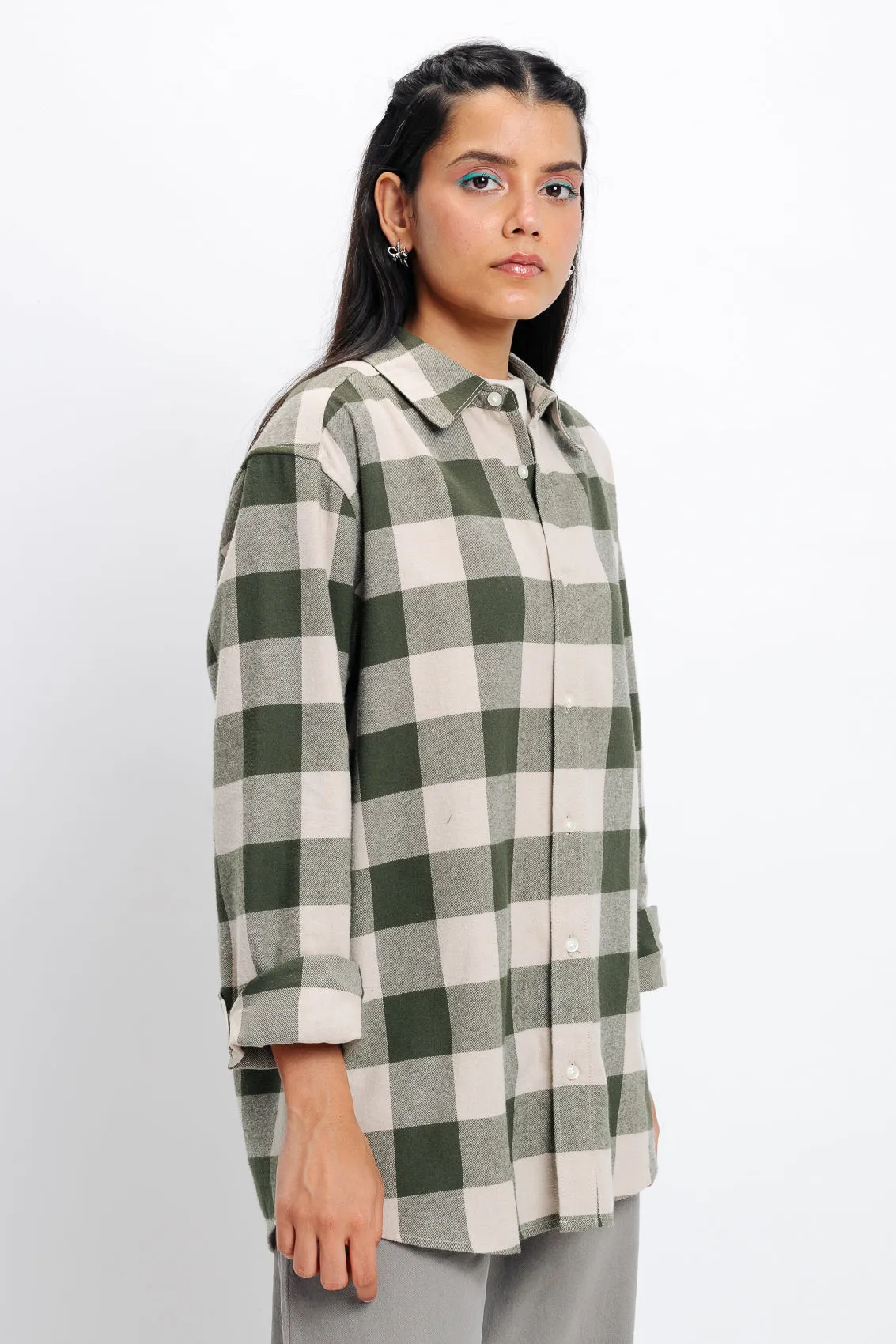 Beige Checkered Collar Viscose Blend Shirt