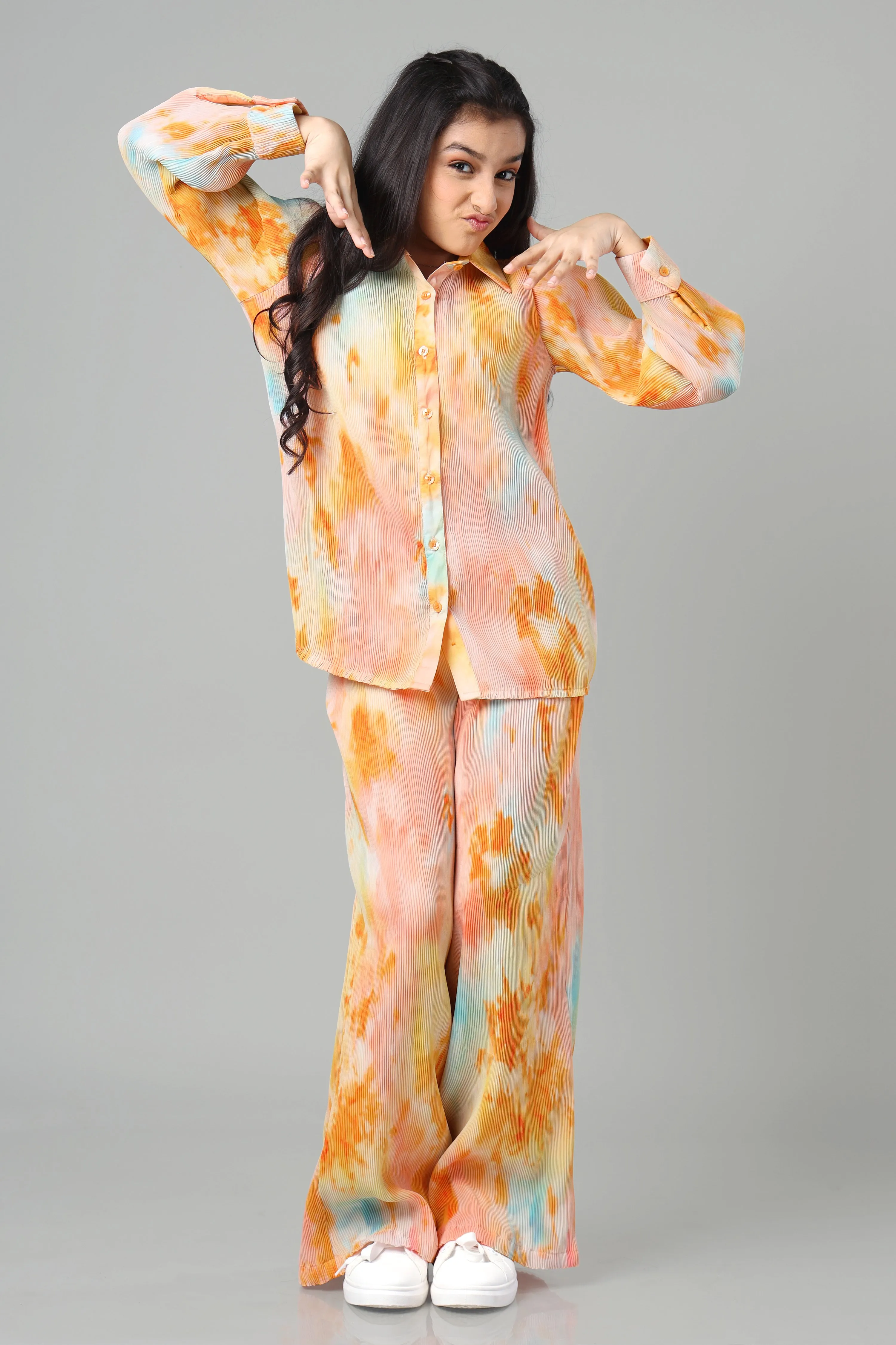 Bestselling Tie Dye Pleated Co-ord Set For Girls