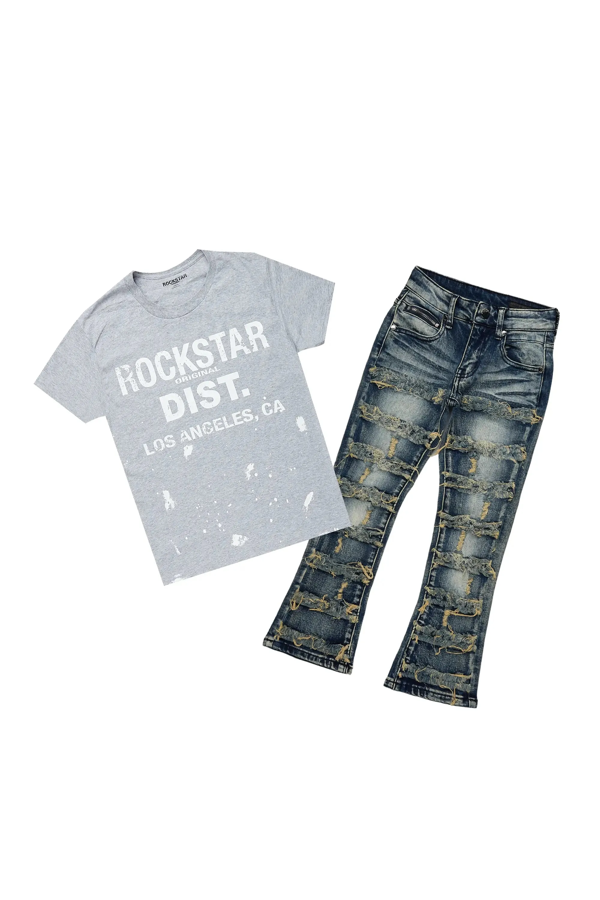 Boys Folly Grey/Blue T-Shirt/Stacked Flare Jean Set