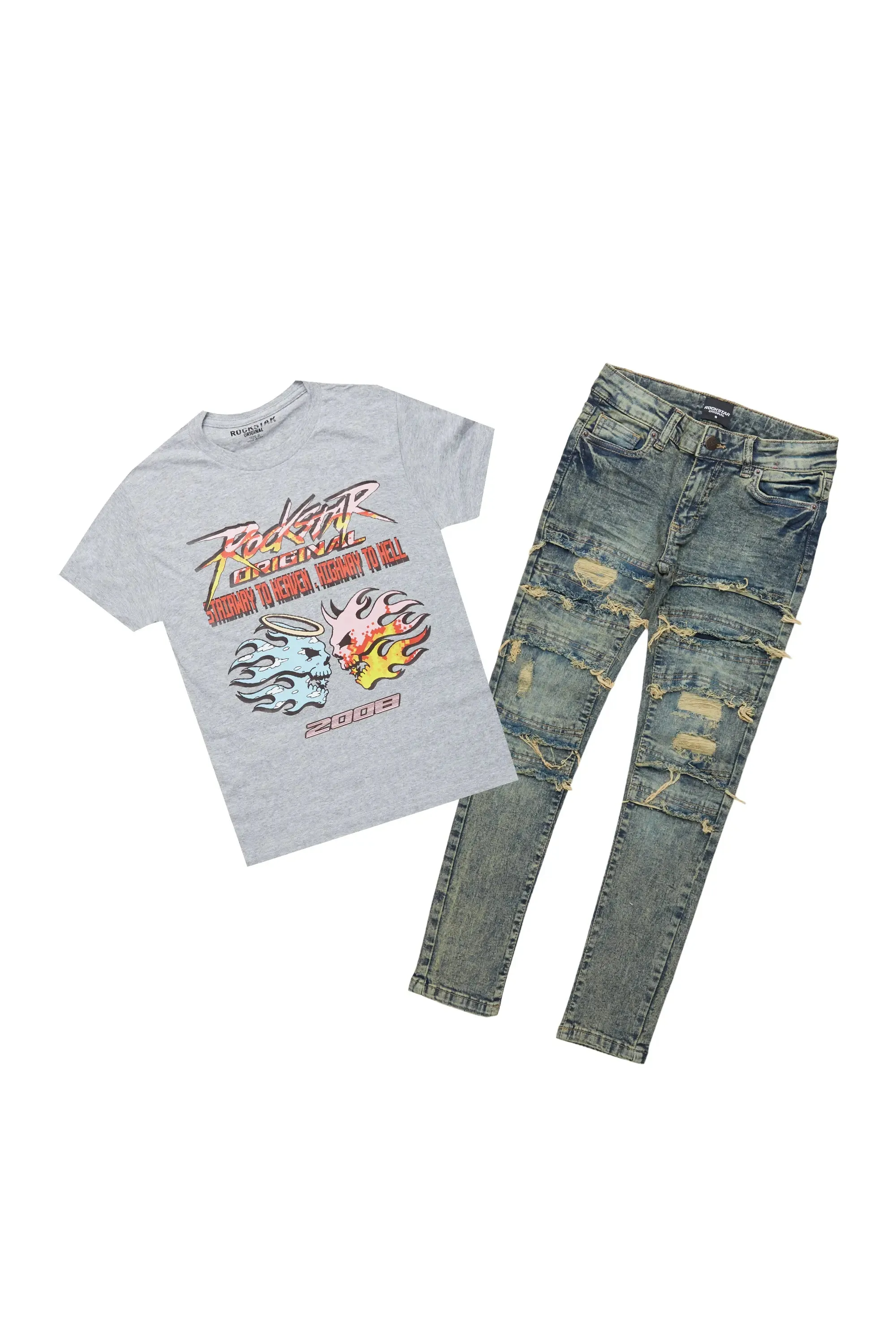 Boys Kael Grey T-Shirt/Skinny Frayed Jean Set