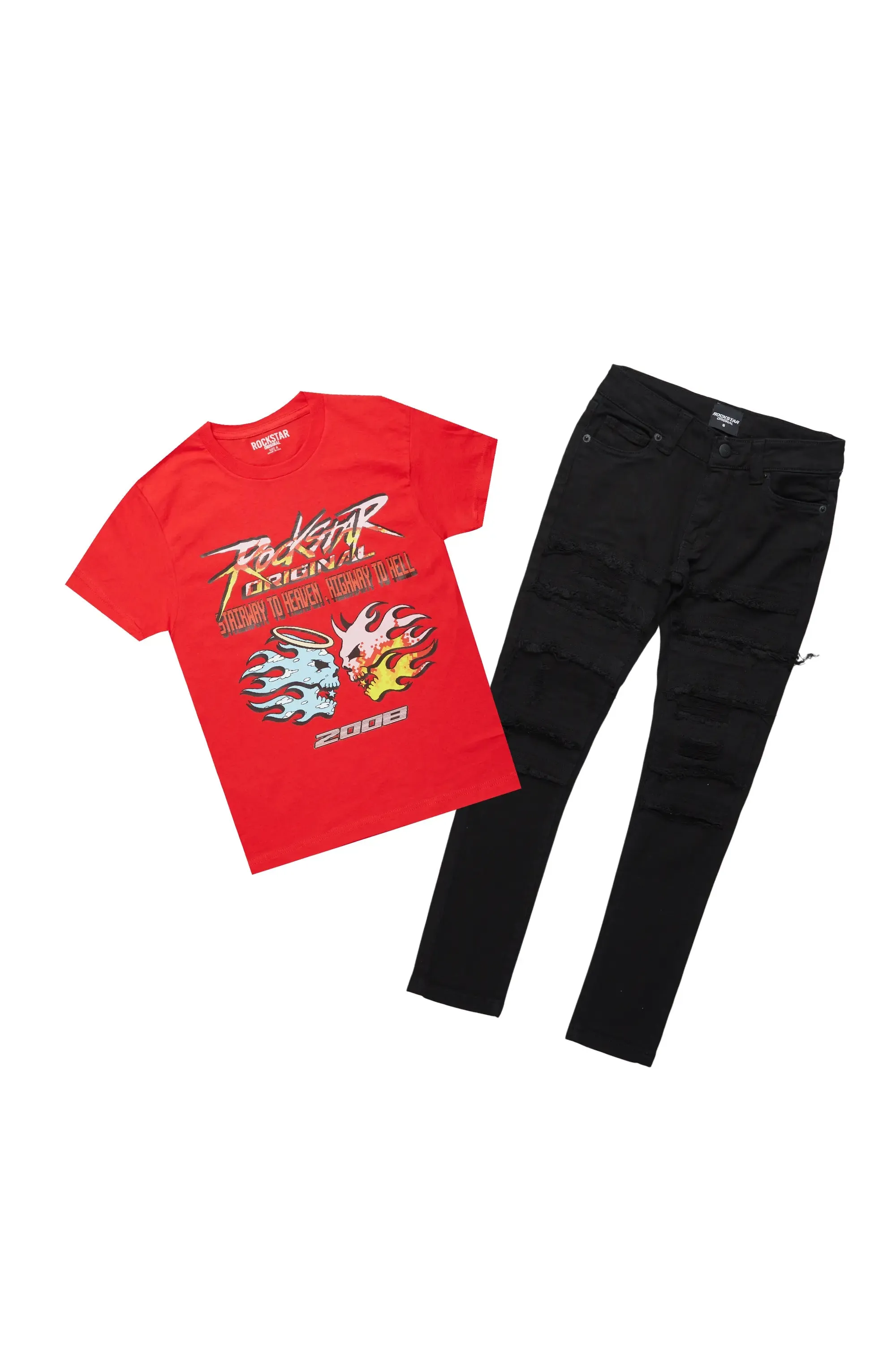 Boys Kael Red/Black T-Shirt/Frayed Jean Set