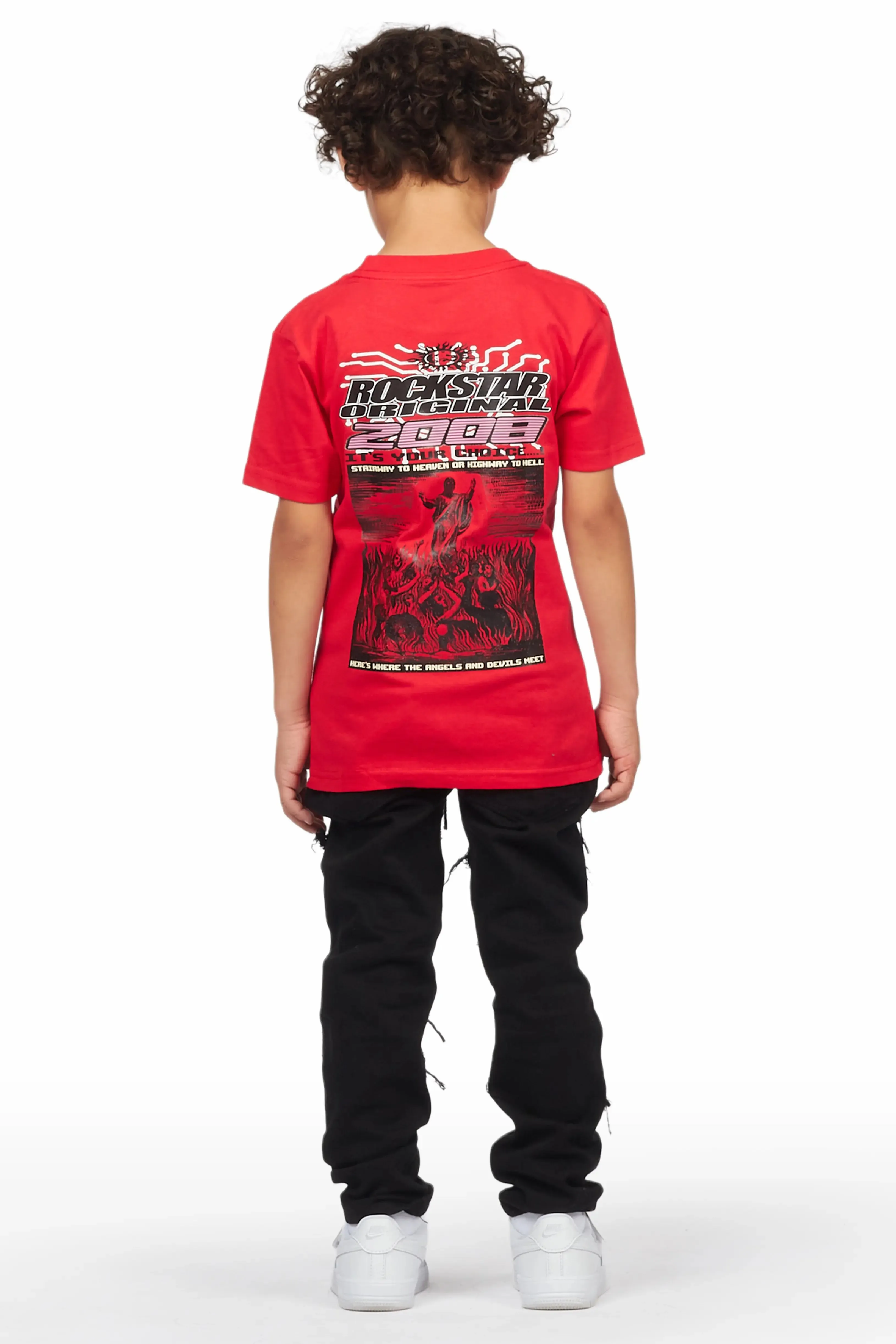 Boys Kael Red/Black T-Shirt/Frayed Jean Set