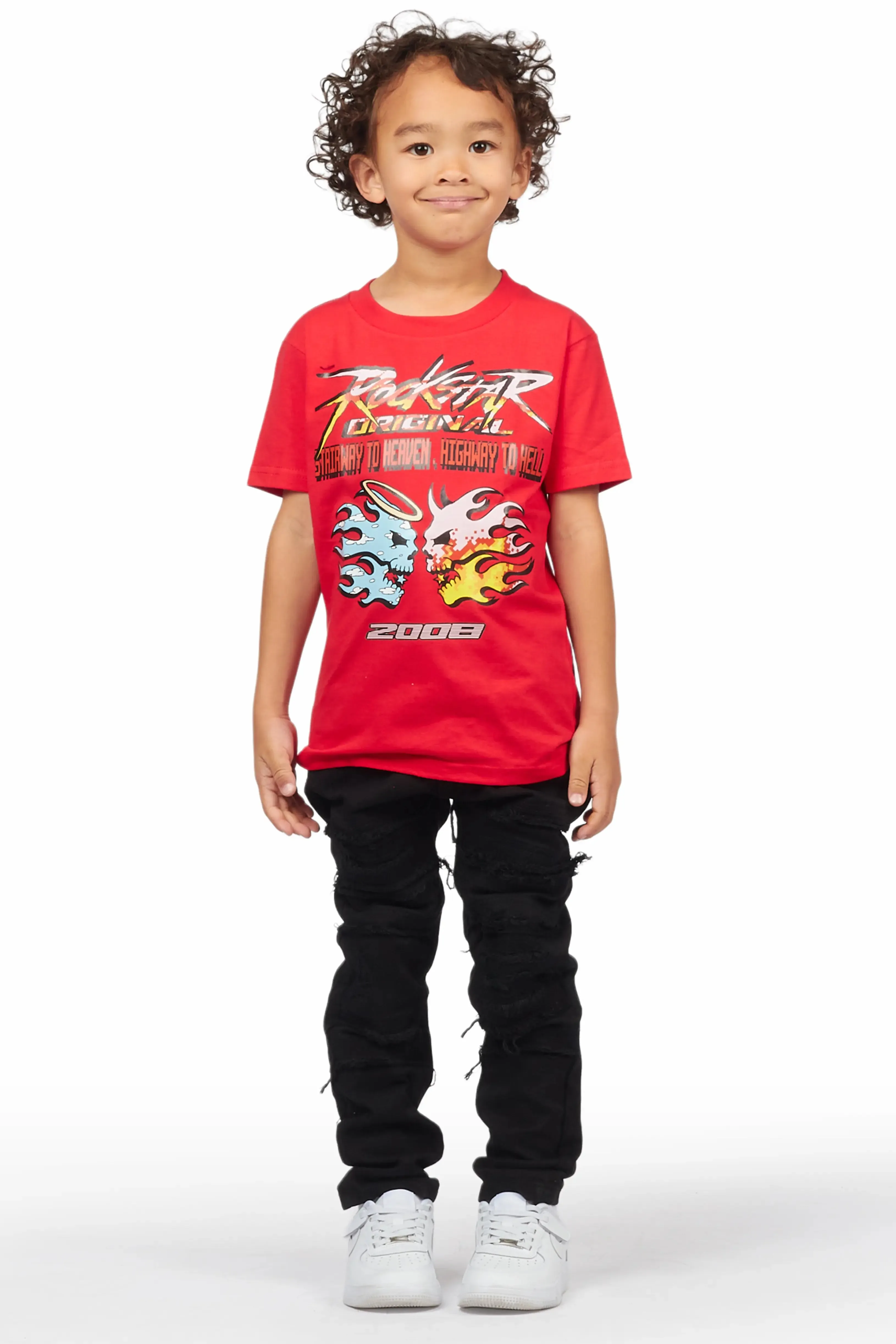 Boys Kael Red/Black T-Shirt/Frayed Jean Set