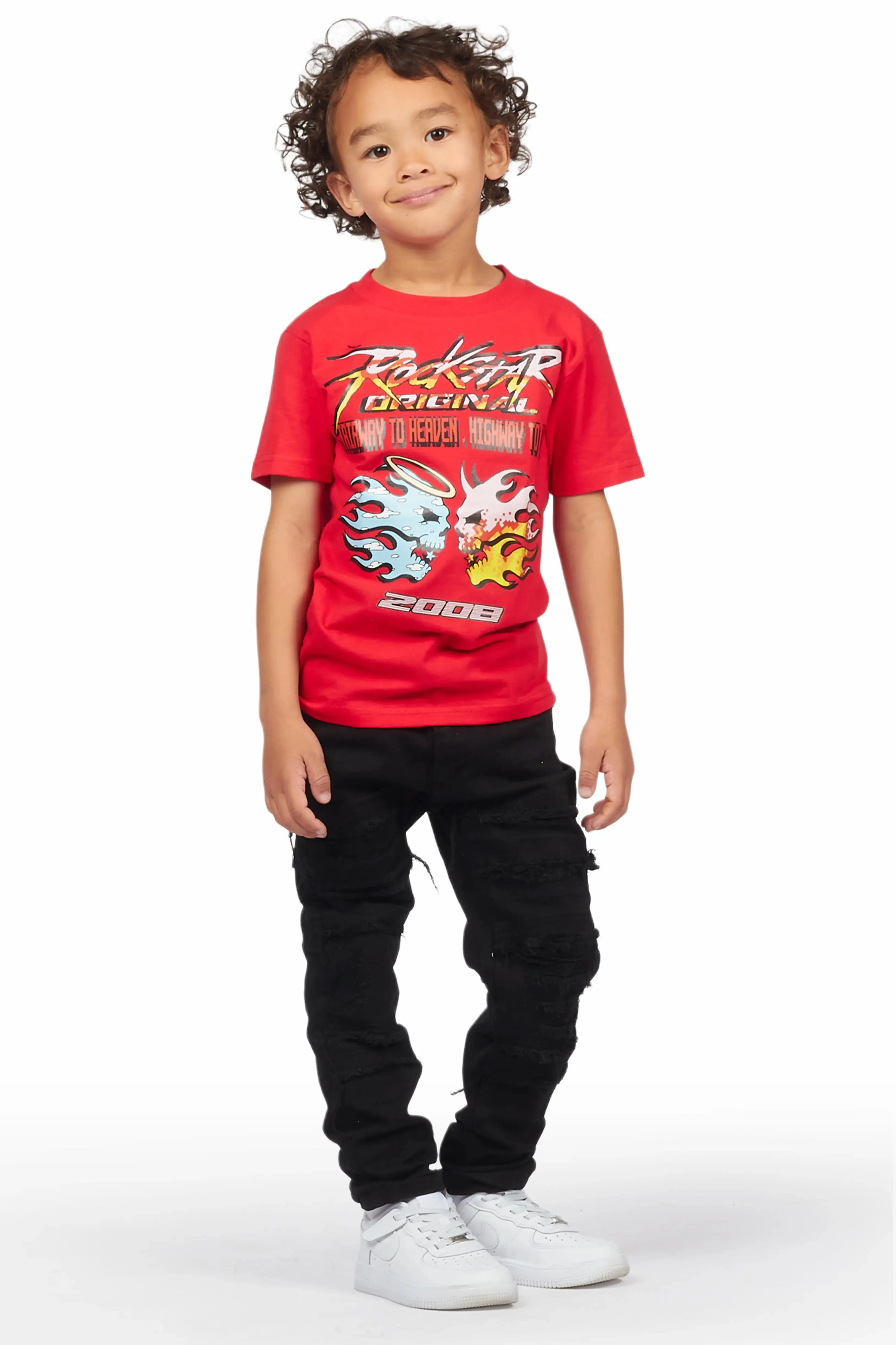 Boys Kael Red/Black T-Shirt/Frayed Jean Set