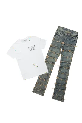 Boys Niaz White T-Shirt/Skinny Stacked Flare Jean Set