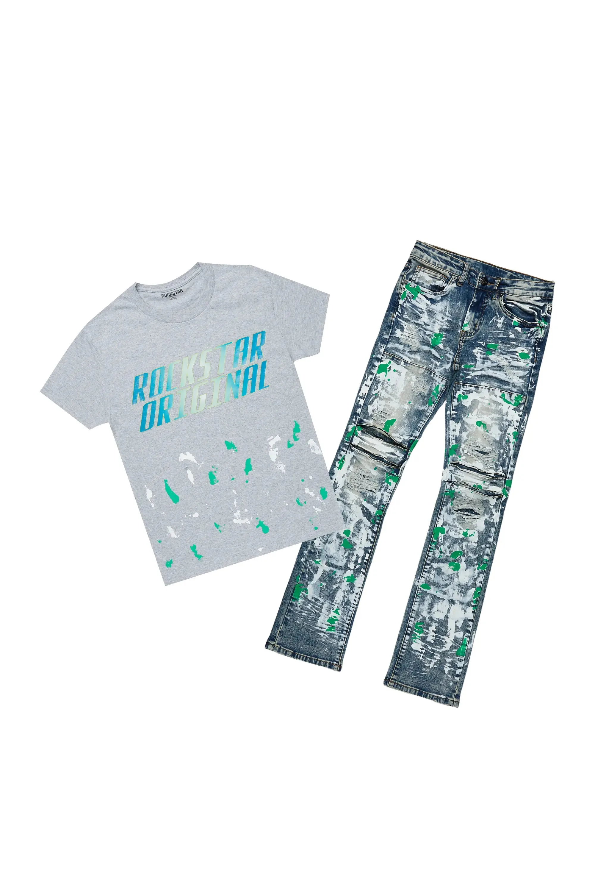 Boys Panos Grey T-Shirt/Stacked Flare Jean Set