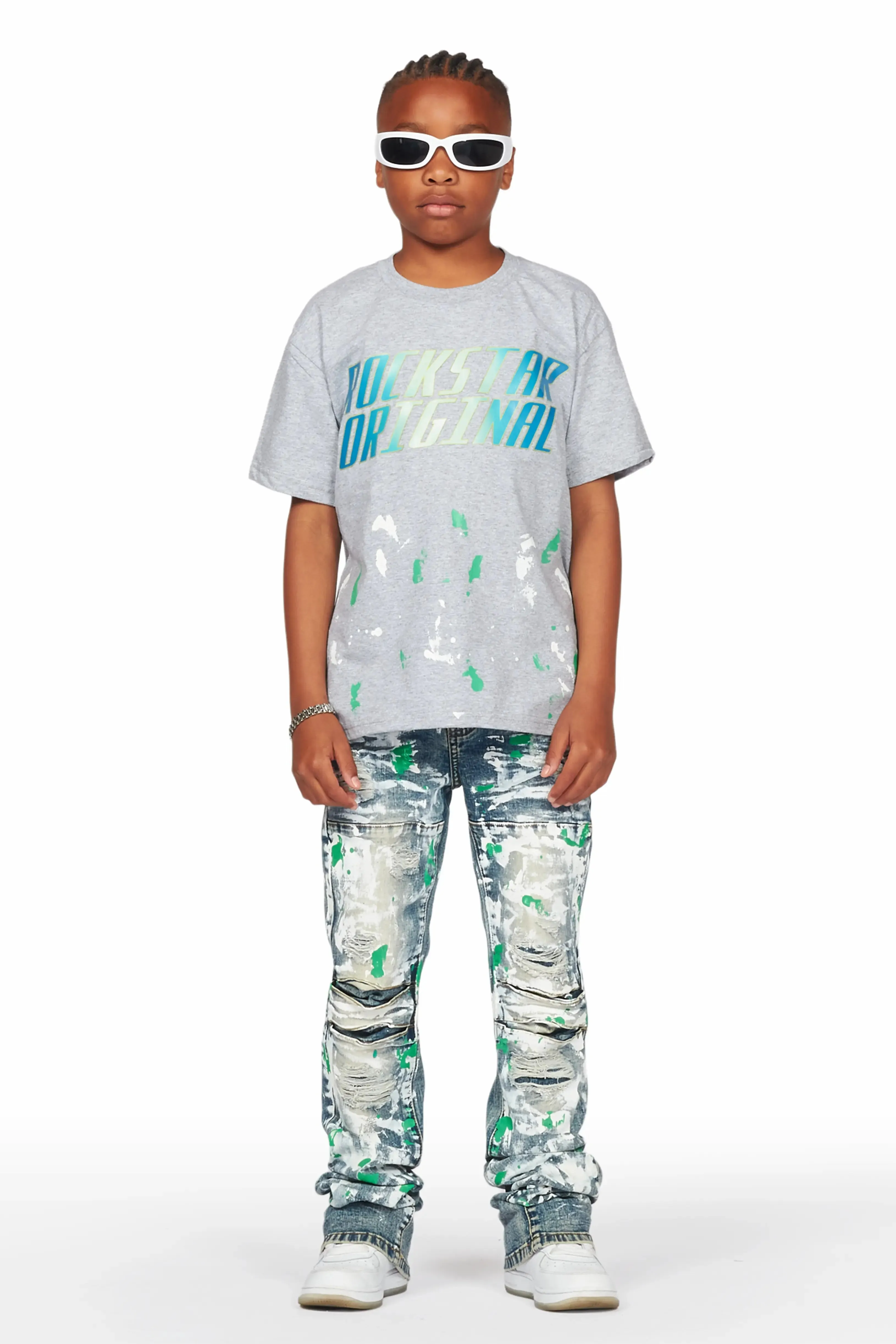 Boys Panos Grey T-Shirt/Stacked Flare Jean Set