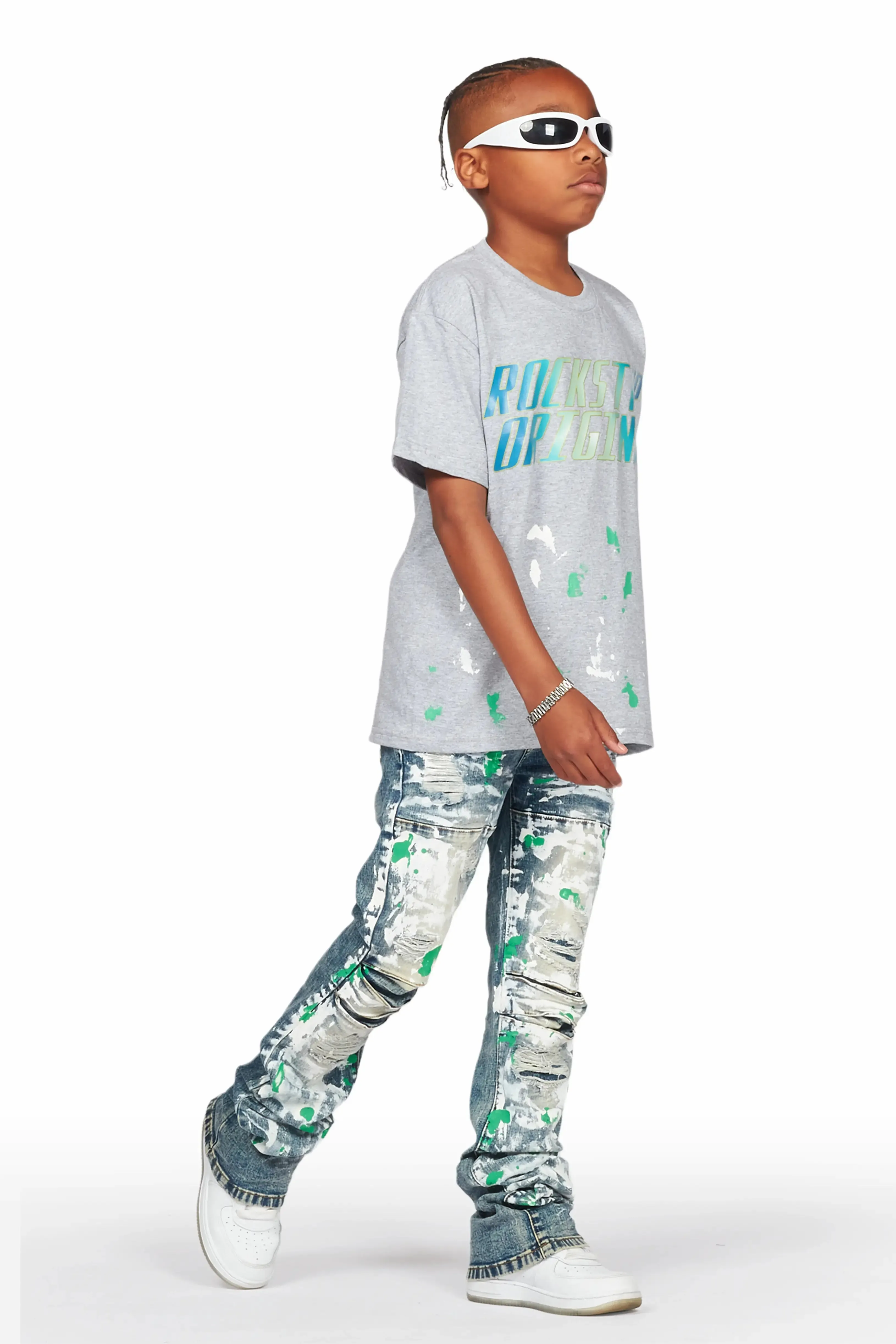 Boys Panos Grey T-Shirt/Stacked Flare Jean Set