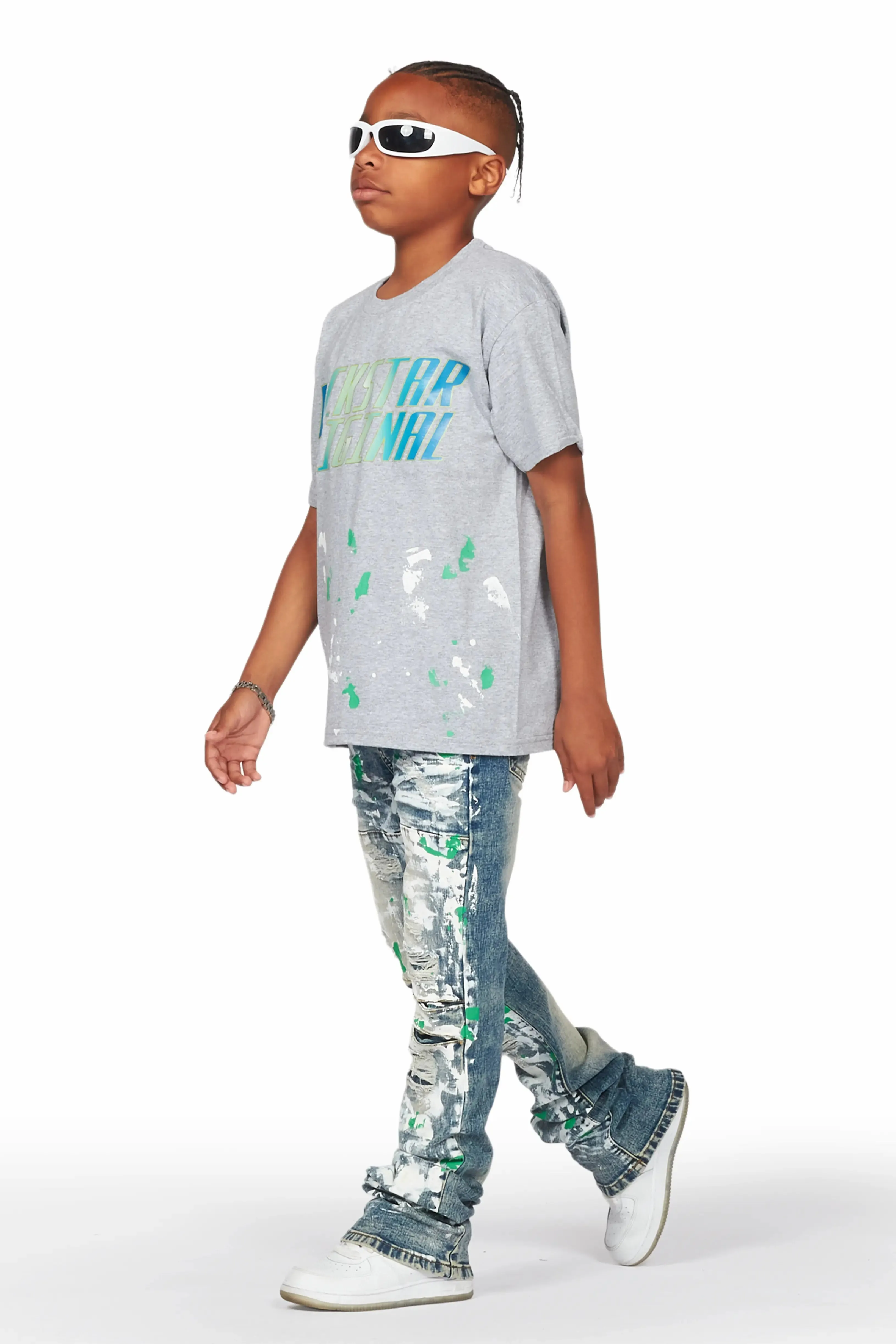 Boys Panos Grey T-Shirt/Stacked Flare Jean Set