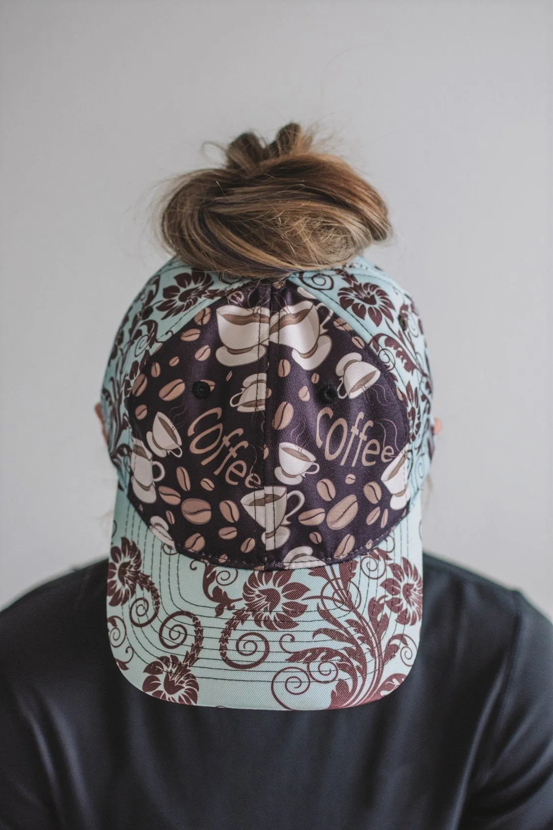 Coffee Floral Messy Bun Ponytail Hat