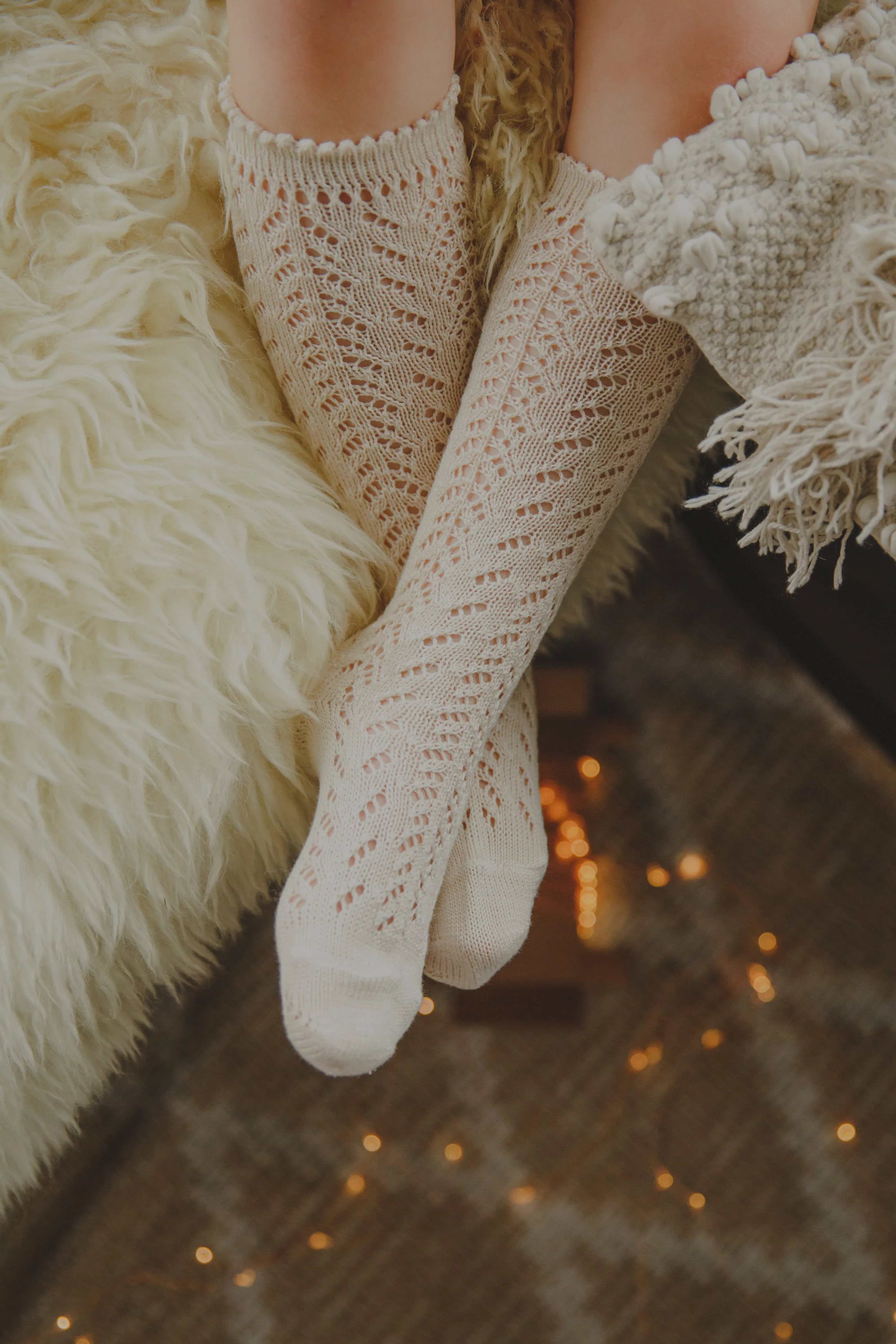 Cream Long Open Lace Socks