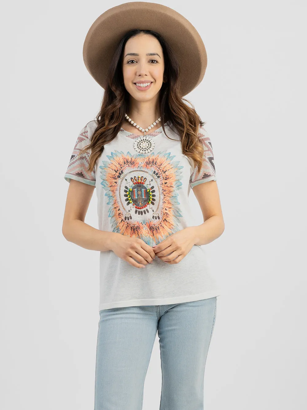 Delila Women Mineral Wash Aztec Feather Beading Short Sleeve Tee