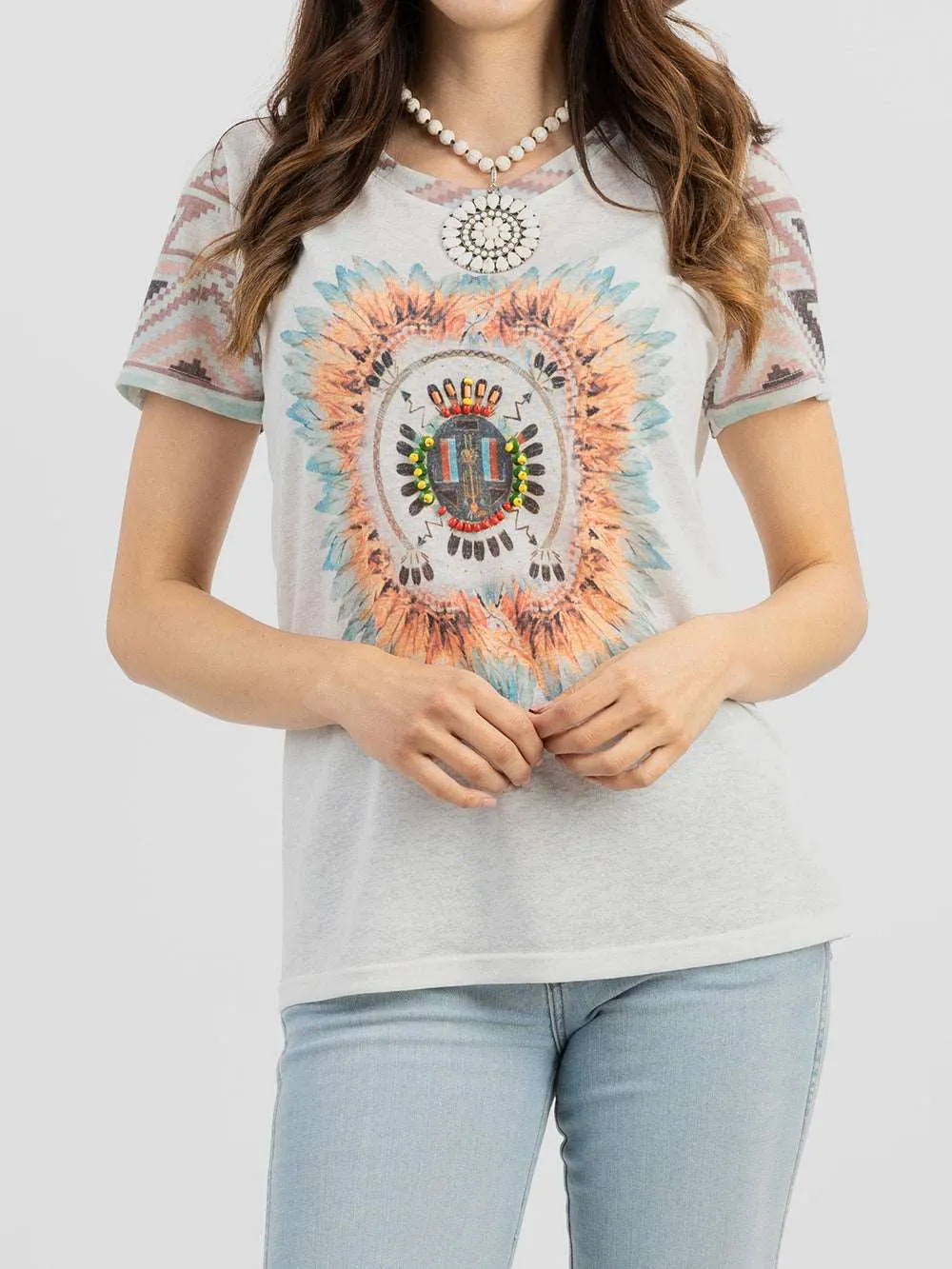 Delila Women Mineral Wash Aztec Feather Beading Short Sleeve Tee