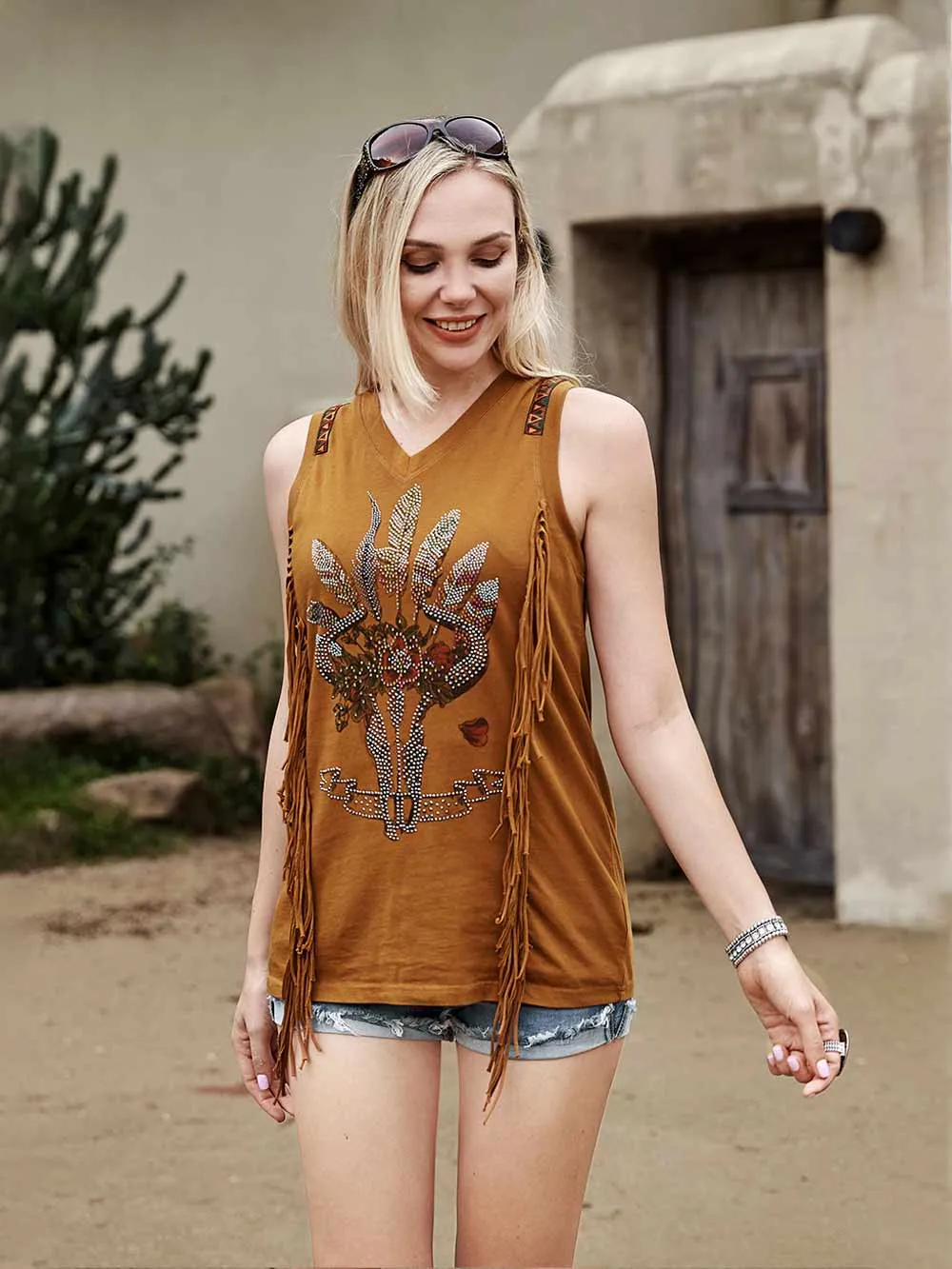 Delila Women Washed Retro Bull Fringe Tank