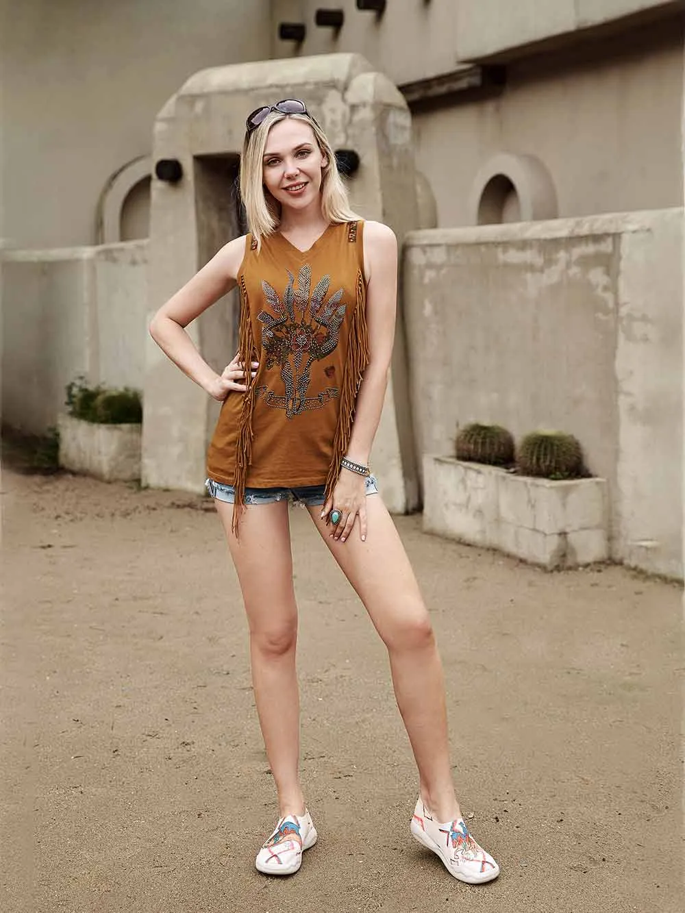 Delila Women Washed Retro Bull Fringe Tank