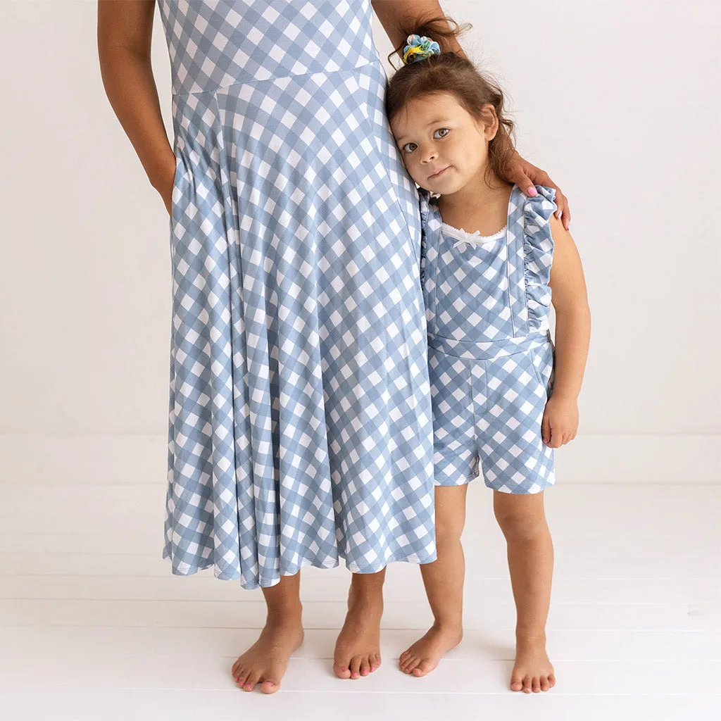 Dusty Blue Gingham French Terry Short Overalls