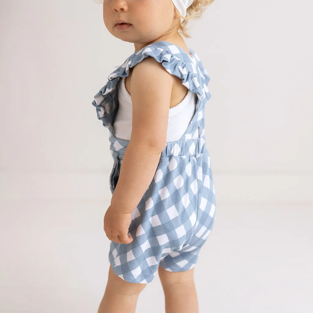 Dusty Blue Gingham French Terry Short Overalls