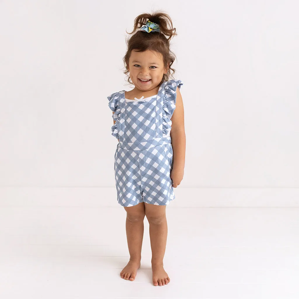 Dusty Blue Gingham French Terry Short Overalls