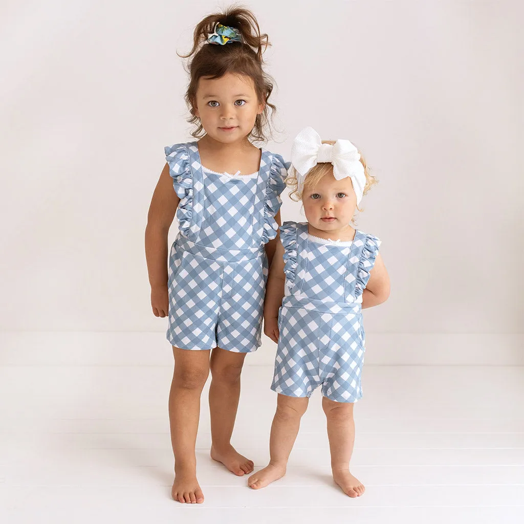 Dusty Blue Gingham French Terry Short Overalls