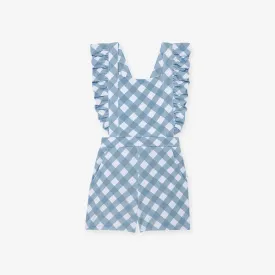 Dusty Blue Gingham French Terry Short Overalls