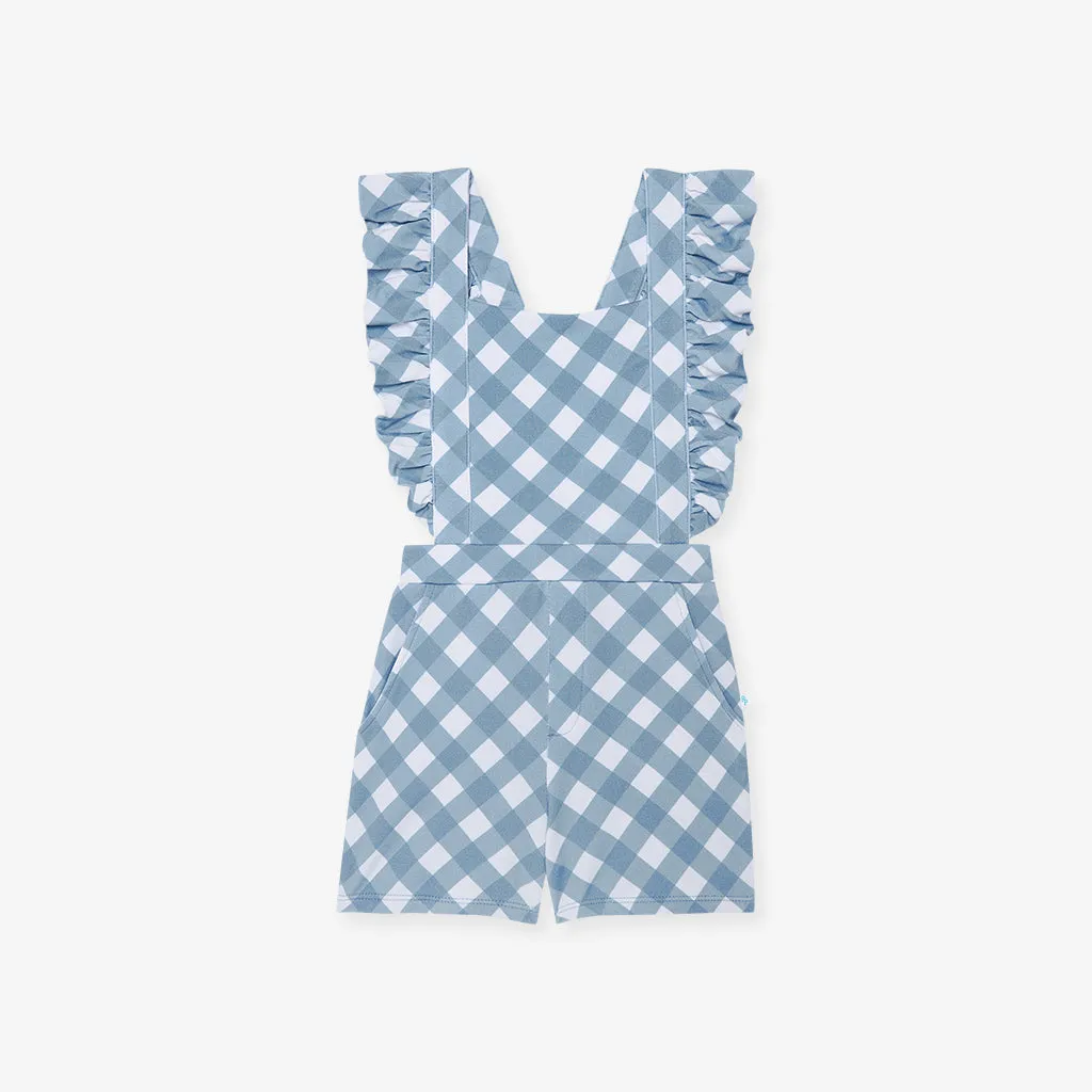 Dusty Blue Gingham French Terry Short Overalls