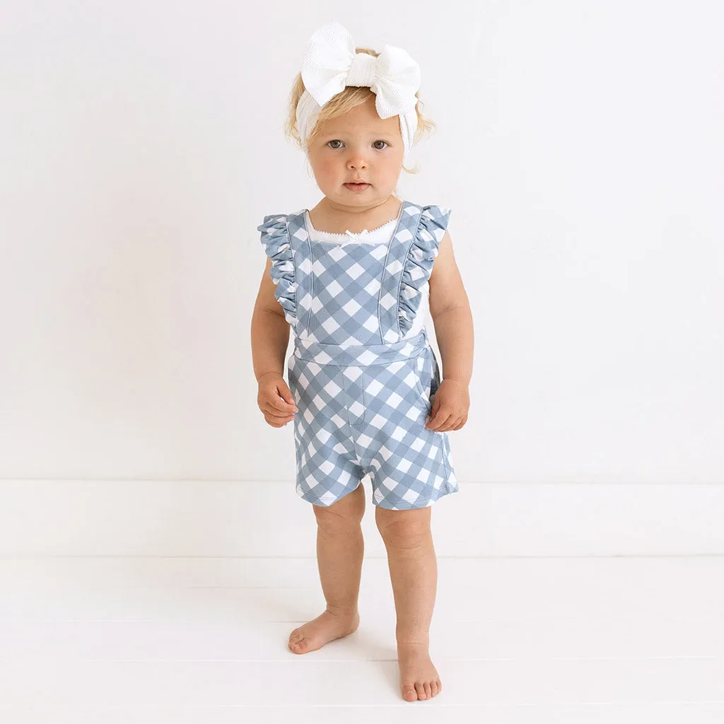 Dusty Blue Gingham French Terry Short Overalls