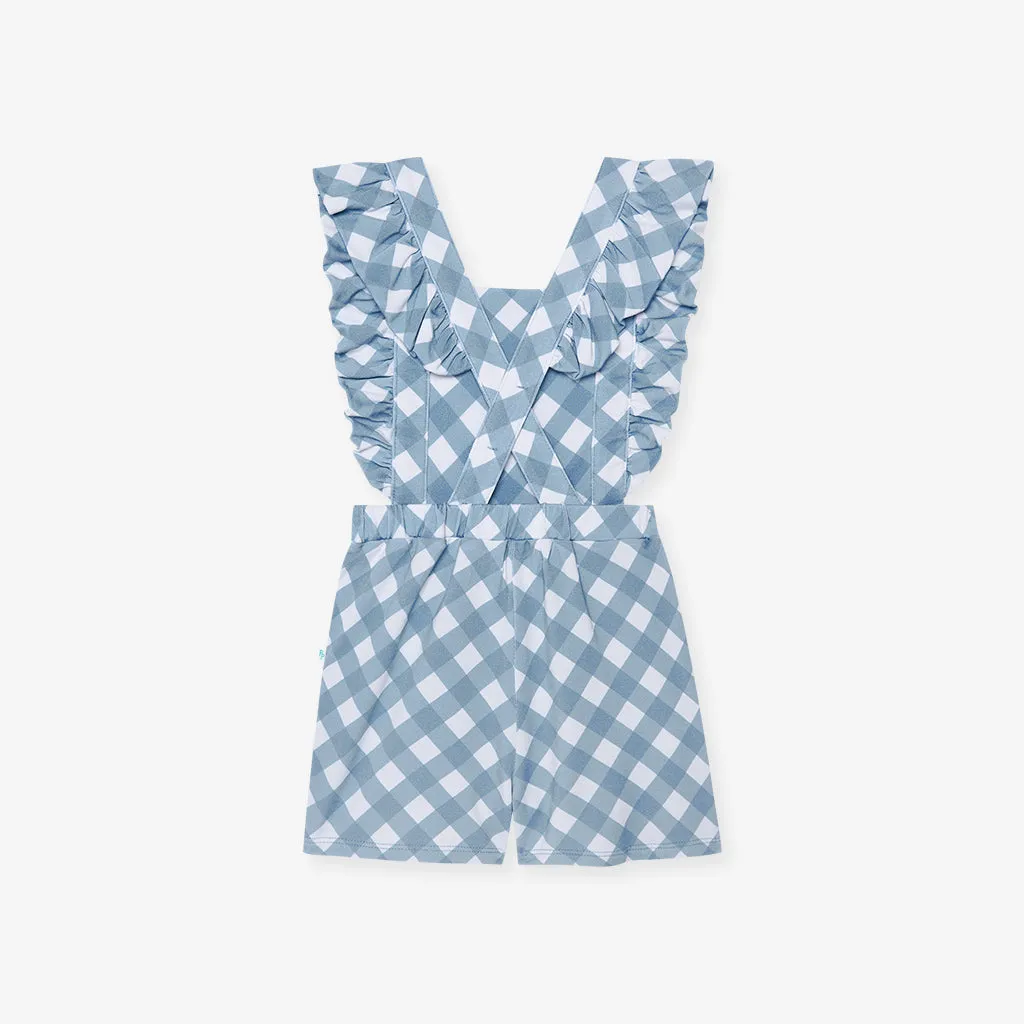 Dusty Blue Gingham French Terry Short Overalls