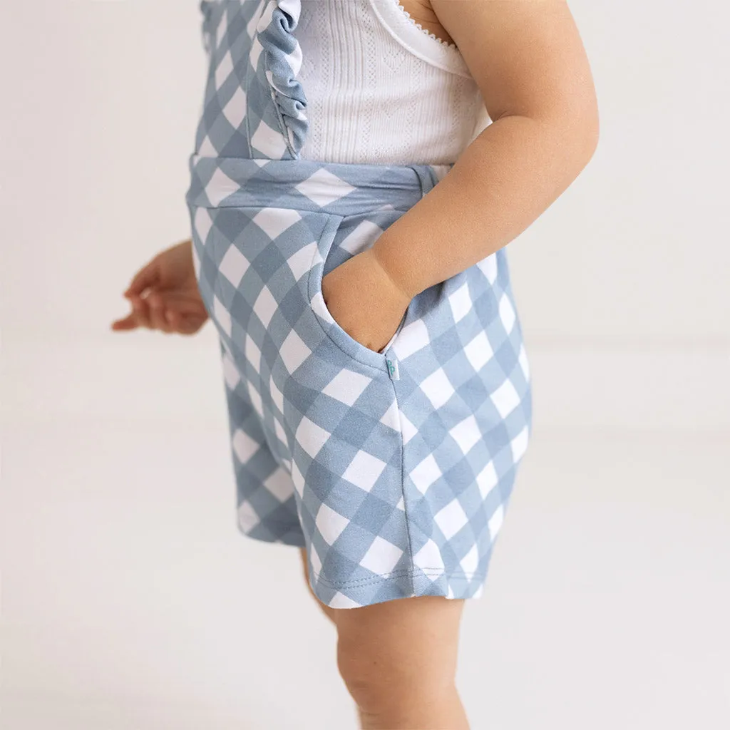 Dusty Blue Gingham French Terry Short Overalls