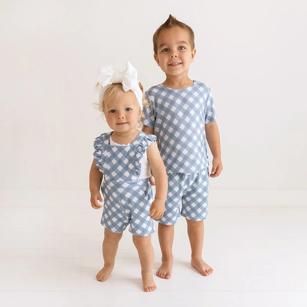 Dusty Blue Gingham French Terry Short Overalls