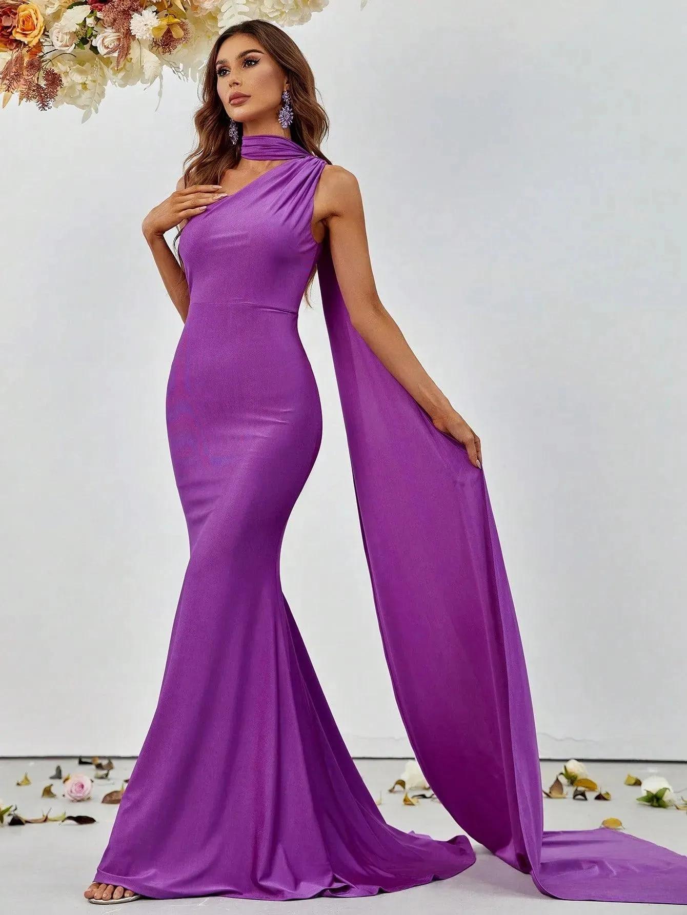 Elegant One Shoulder Ruched Draped Side Mermaid Party Dress