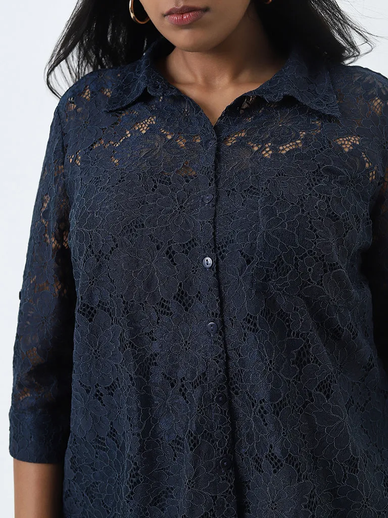 Gia Navy Floral Lace Design Shirt with Camisole