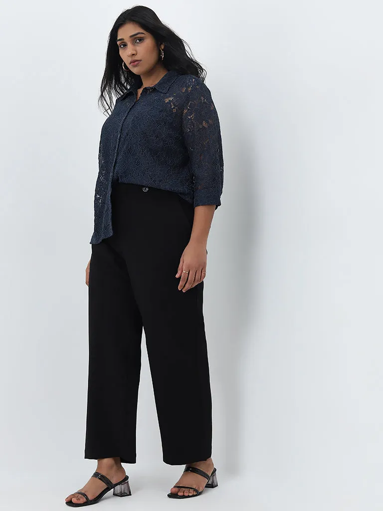 Gia Navy Floral Lace Design Shirt with Camisole