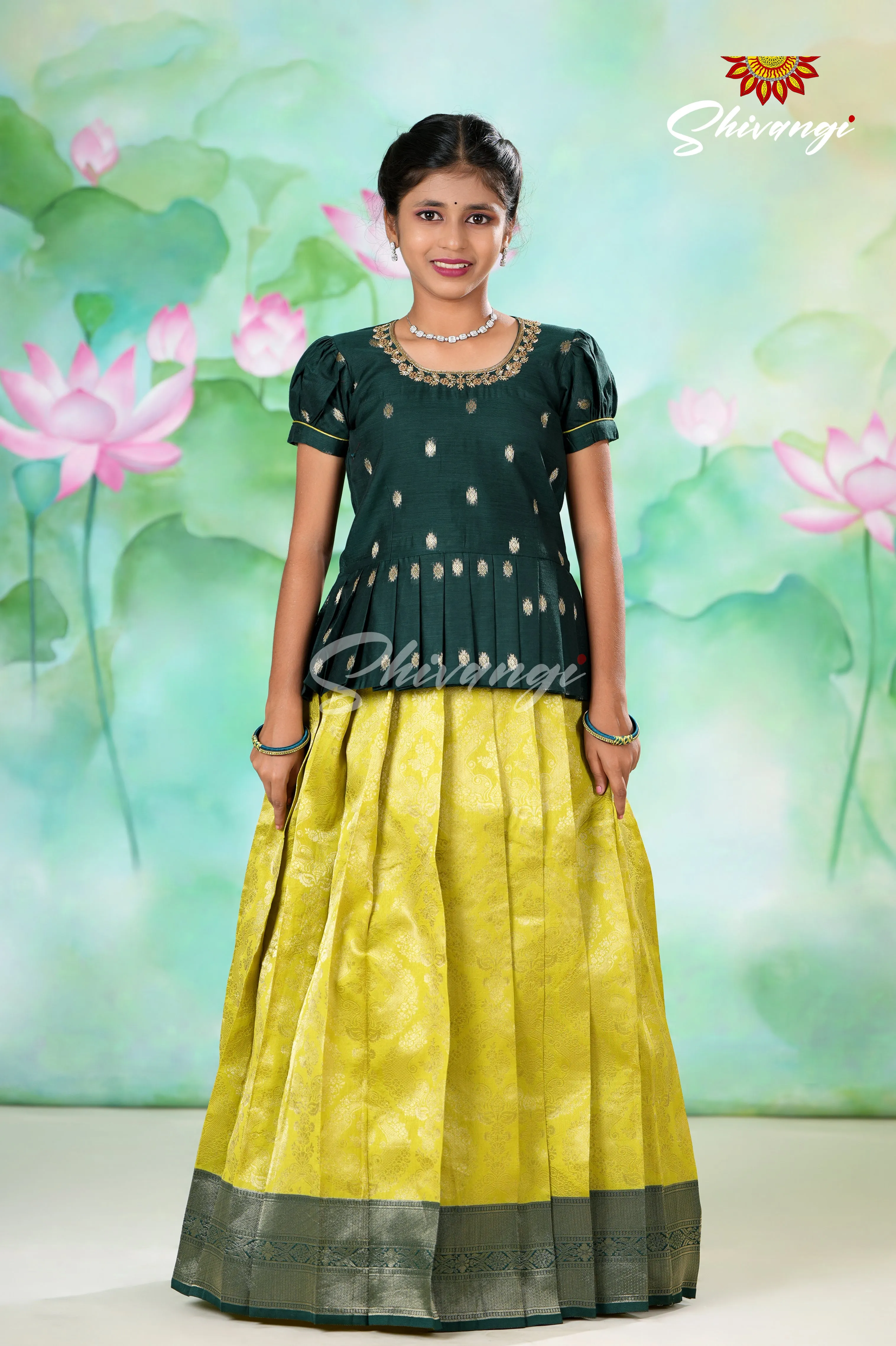 Girls Parrot Green Golden Cocoon Pattu Pavadai | Langa !!!