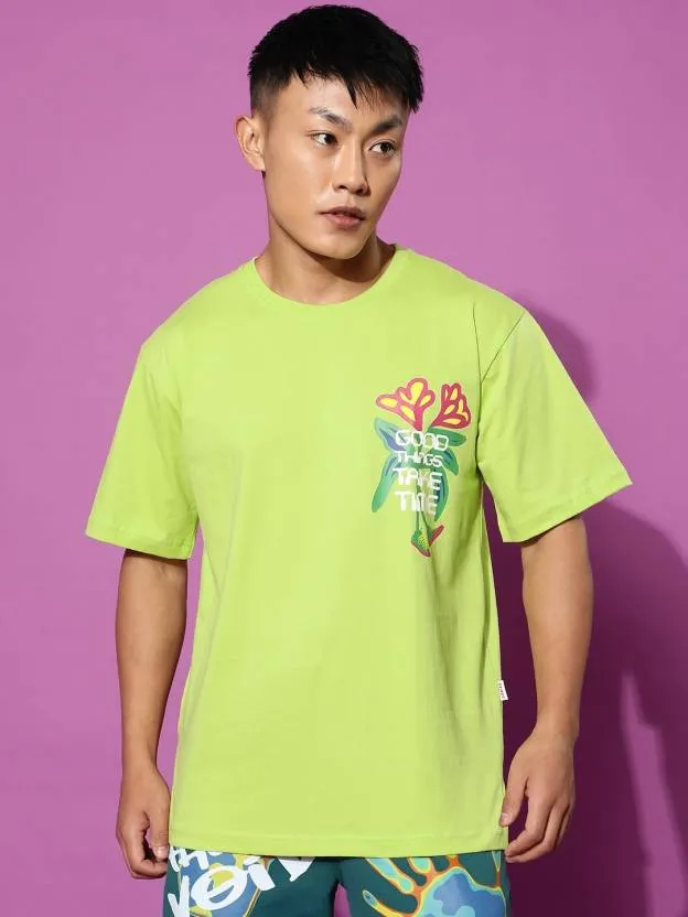 Good Things Green Oversized Pocket Graphic Printed Tshirt