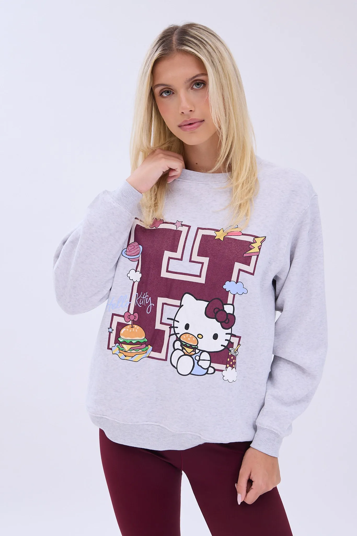 Hello Kitty H Burger Graphic Crew Neck Relaxed Sweatshirt