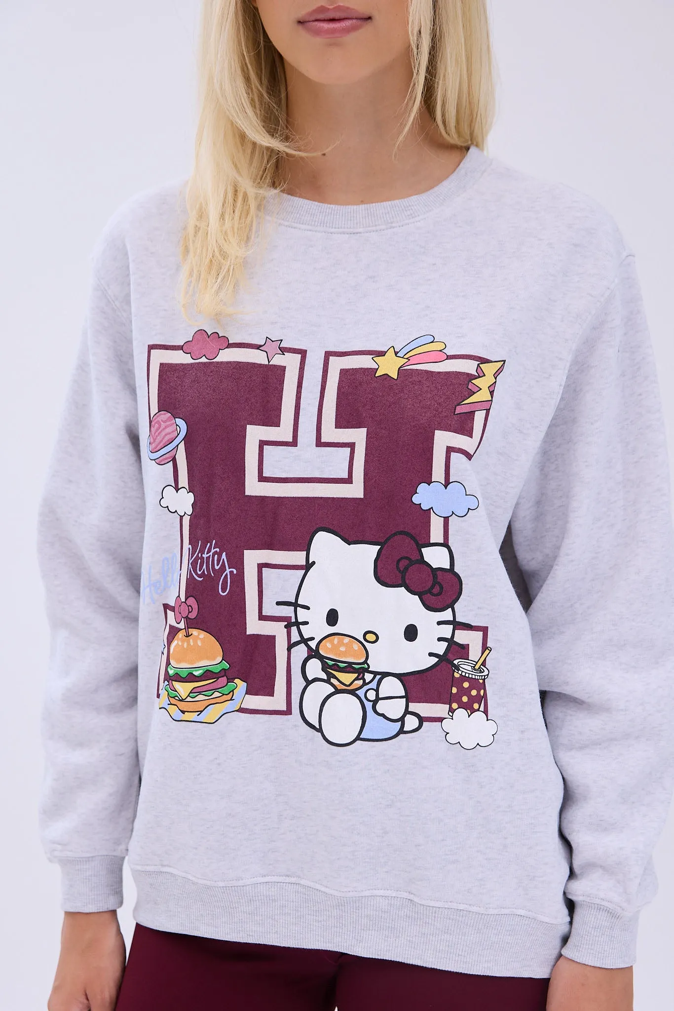 Hello Kitty H Burger Graphic Crew Neck Relaxed Sweatshirt