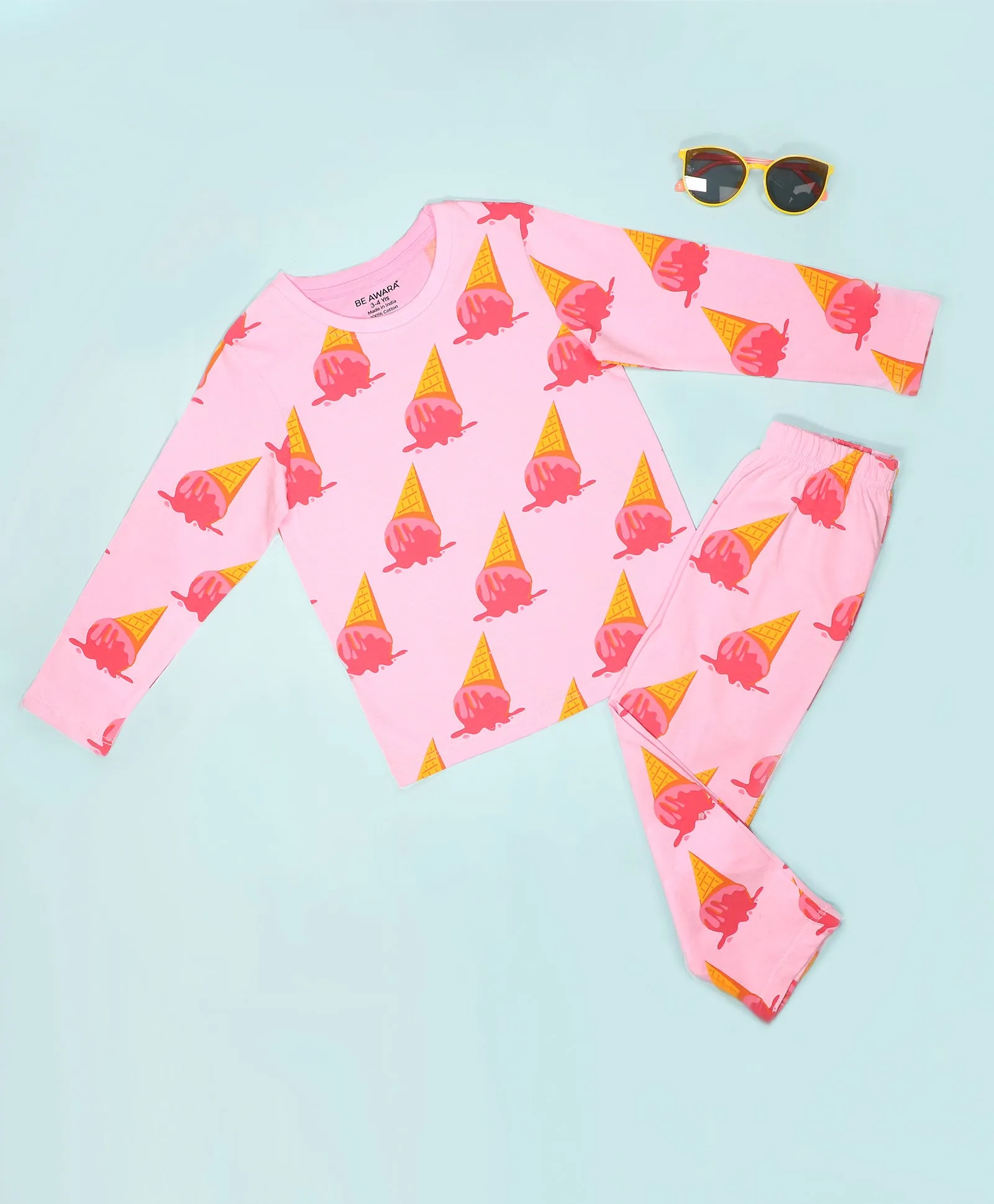 Ice Cream Pattern Full Sleeves T-Shirt & Pajama Set