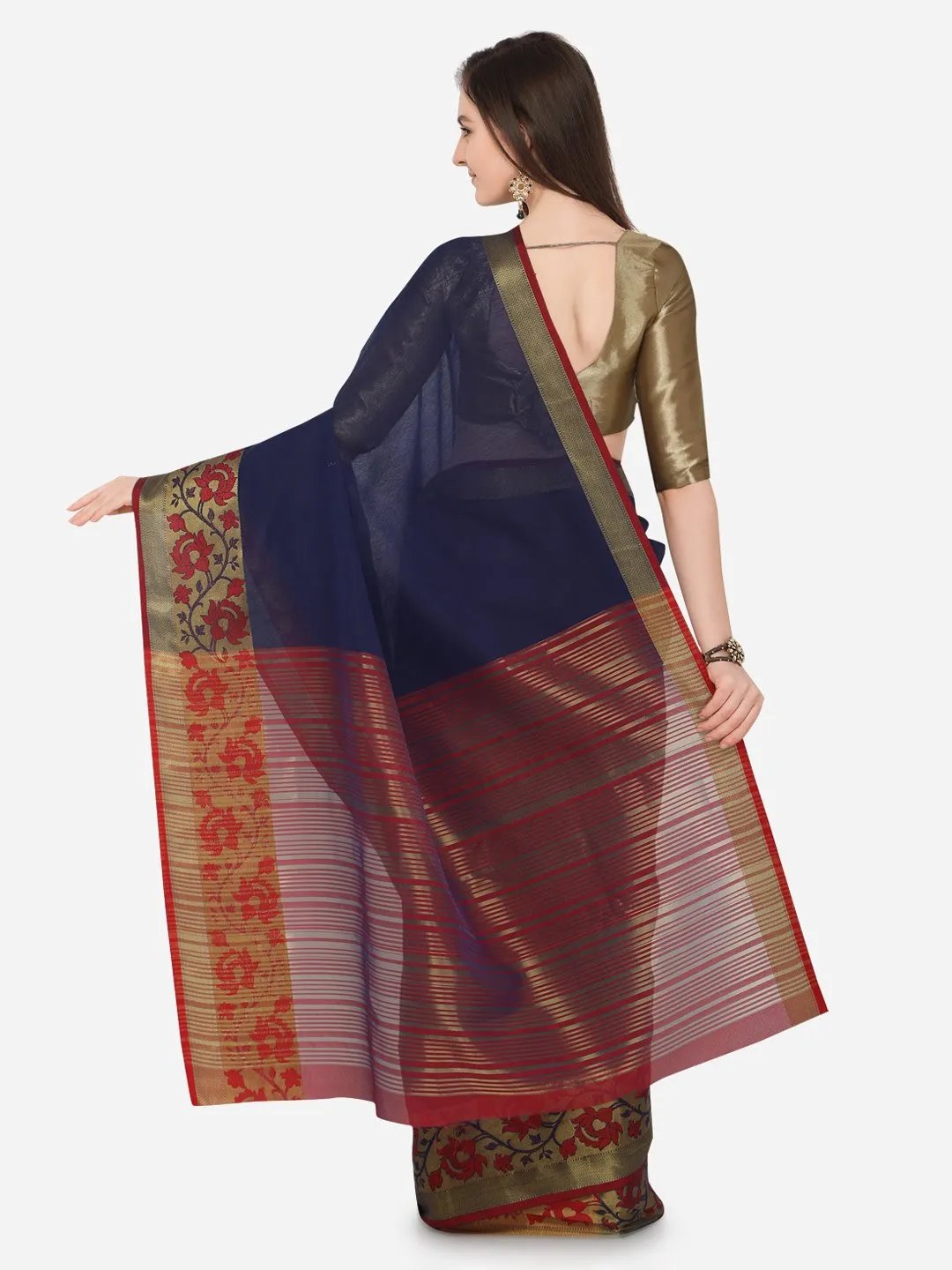 Ishin Gadhwal Cotton Navy Blue With Golden Zari Solid Women's Saree