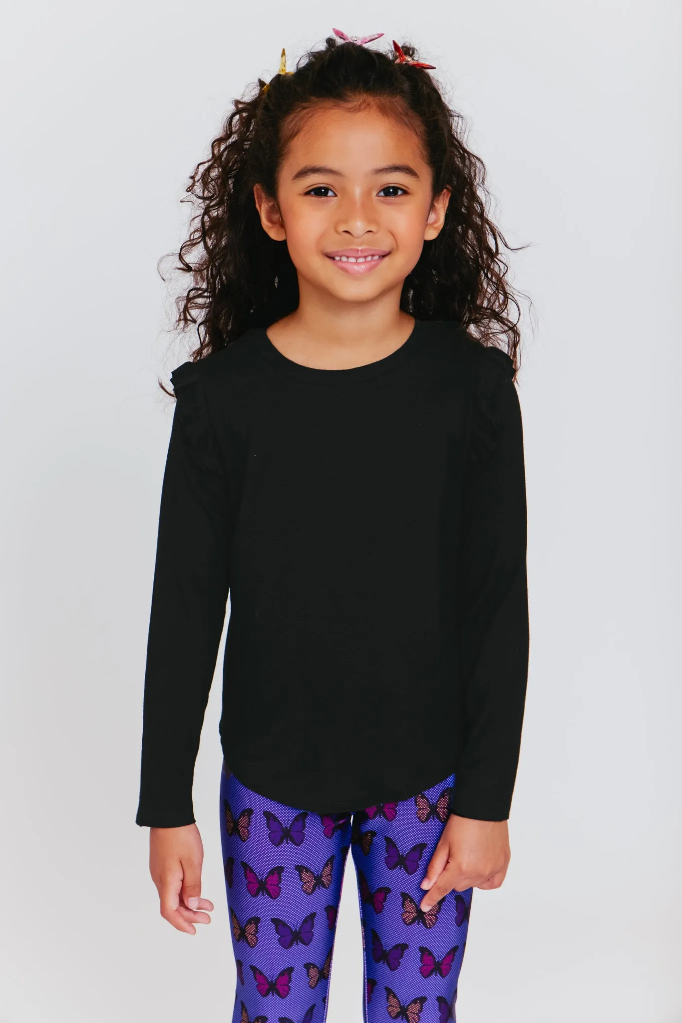 Kids Ruffle Sleeve Long Sleeve Tee in Black