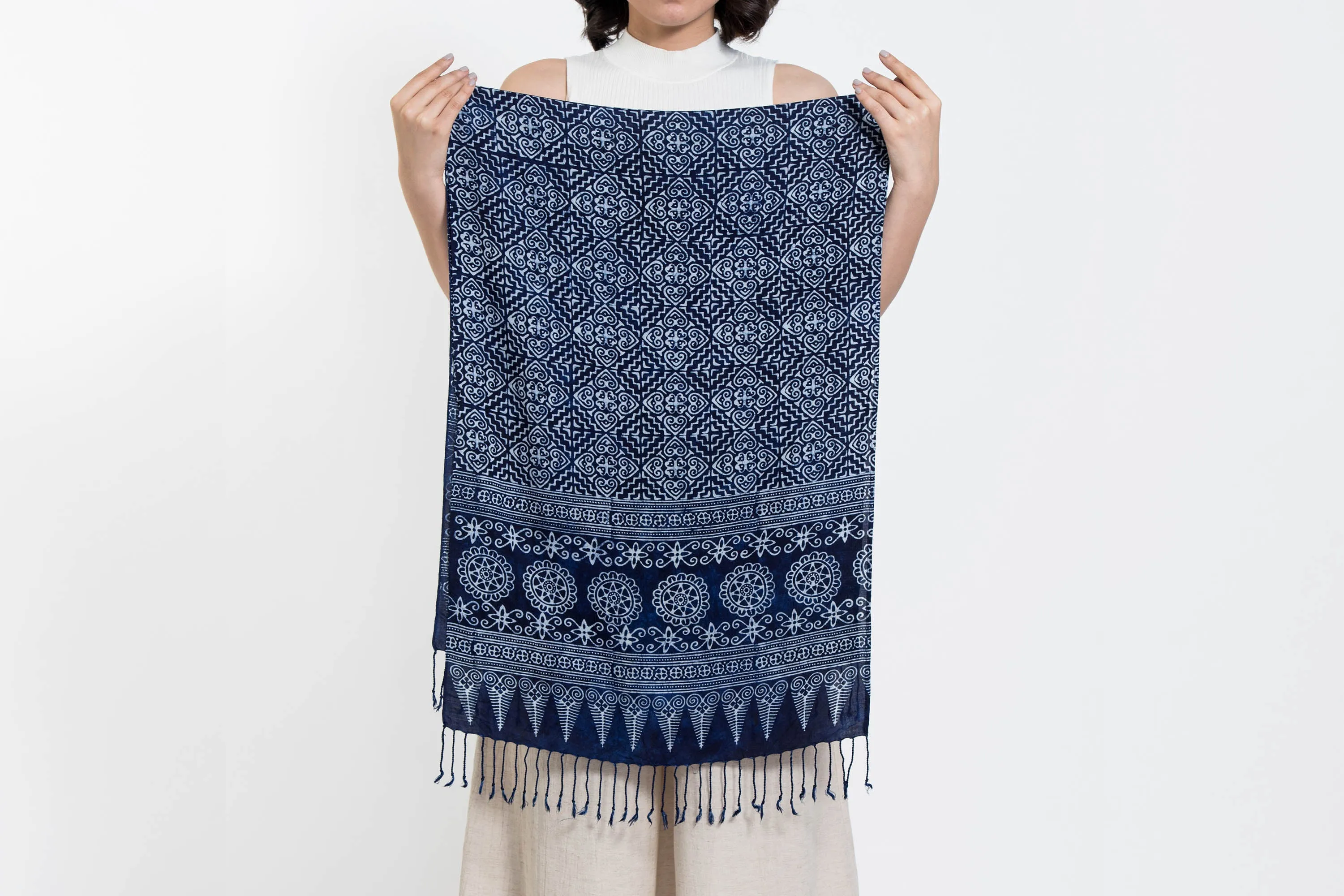 Mandalas Print Hmong Indigo Batik Shawl Scarf