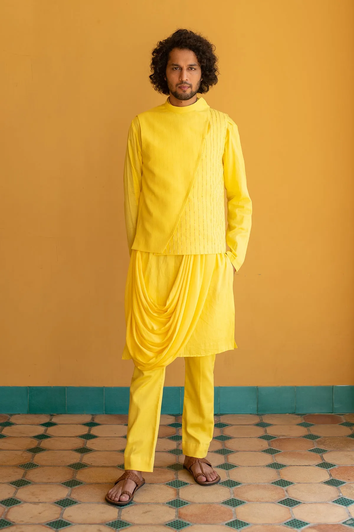 MEHERZAD - Embroidered Organic Cotton Dobby Yellow Nehru Jacket